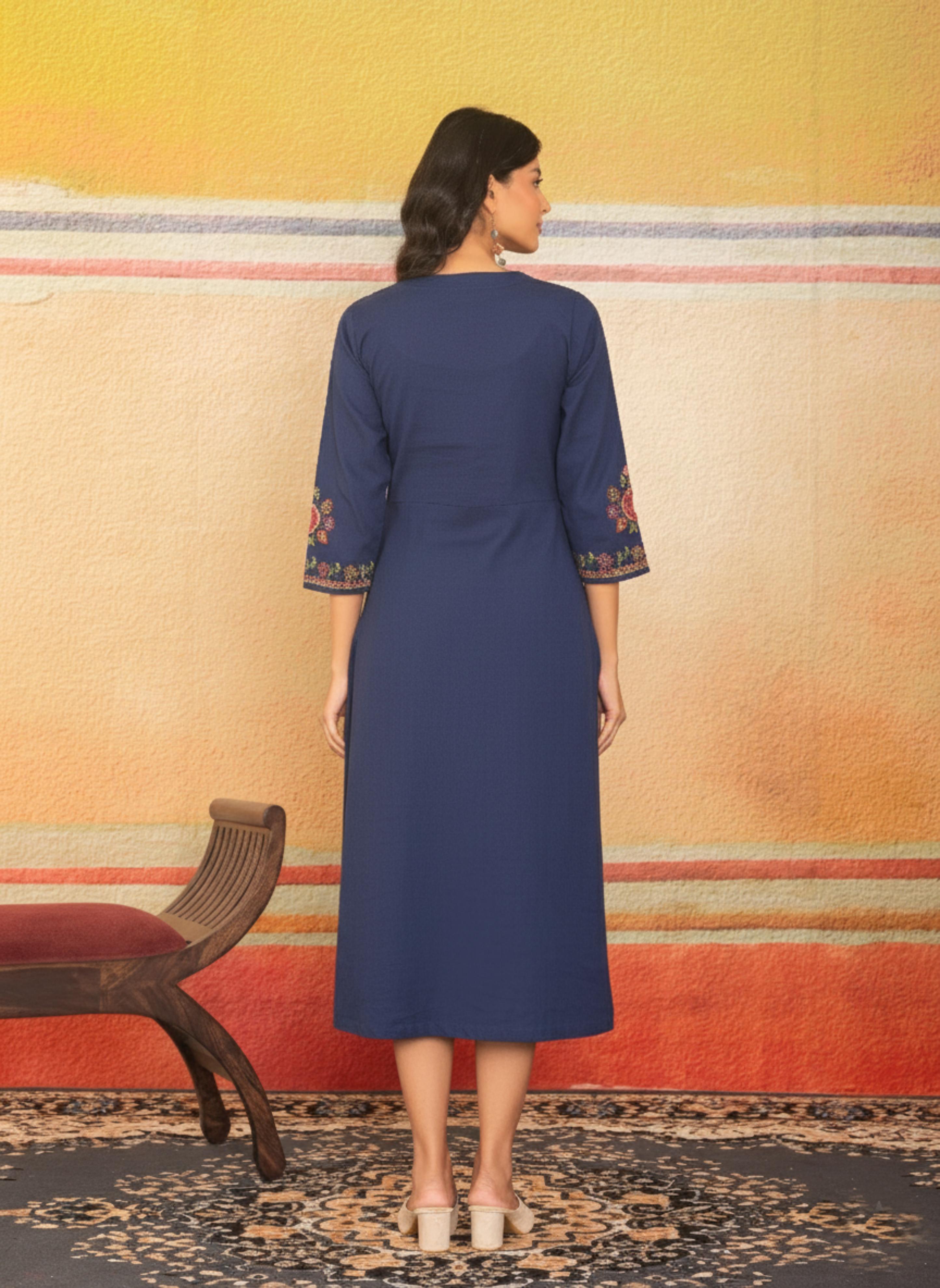 Navy Blue V-Neck Embroidered Dress