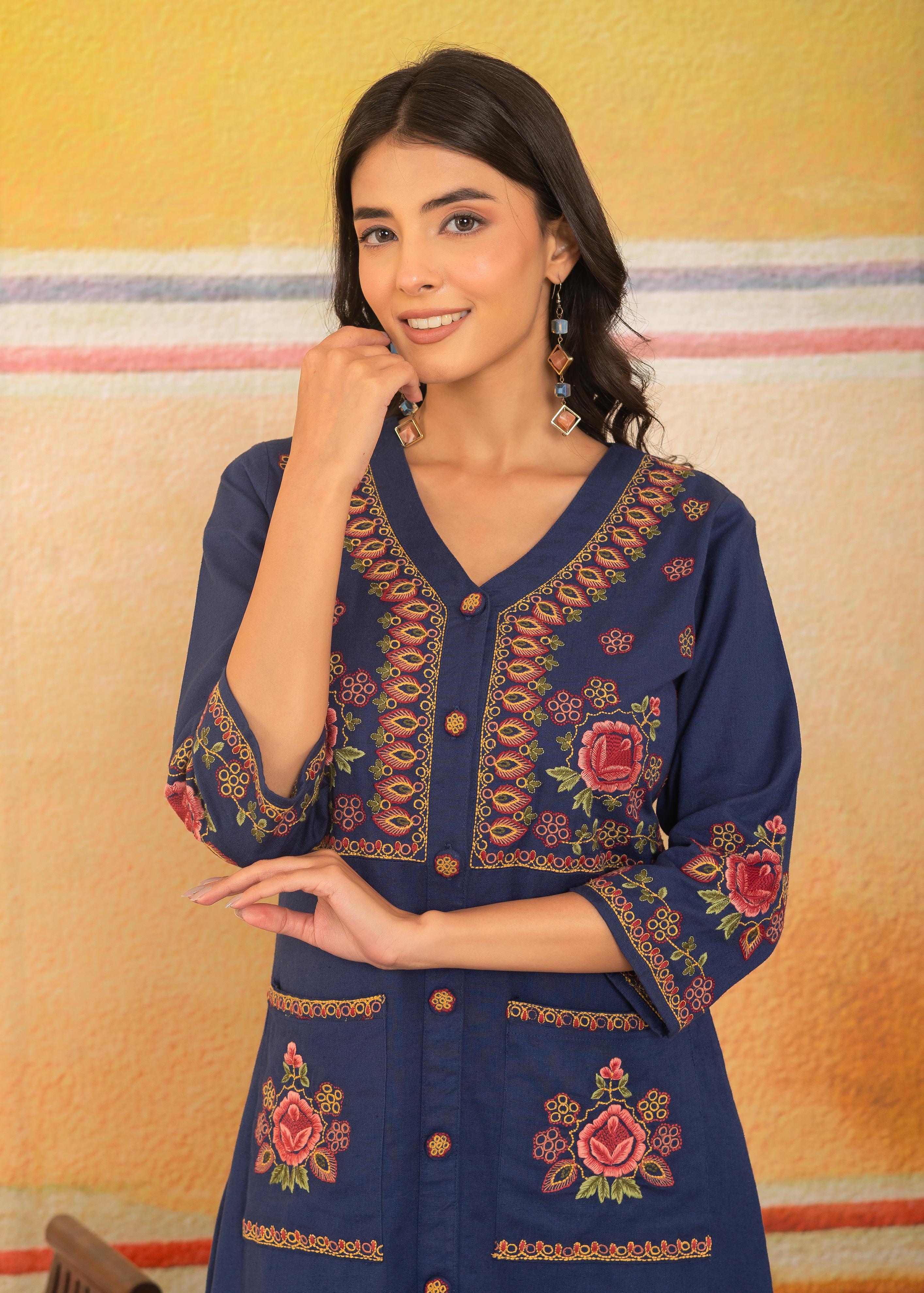 Navy Blue V-Neck Embroidered Dress
