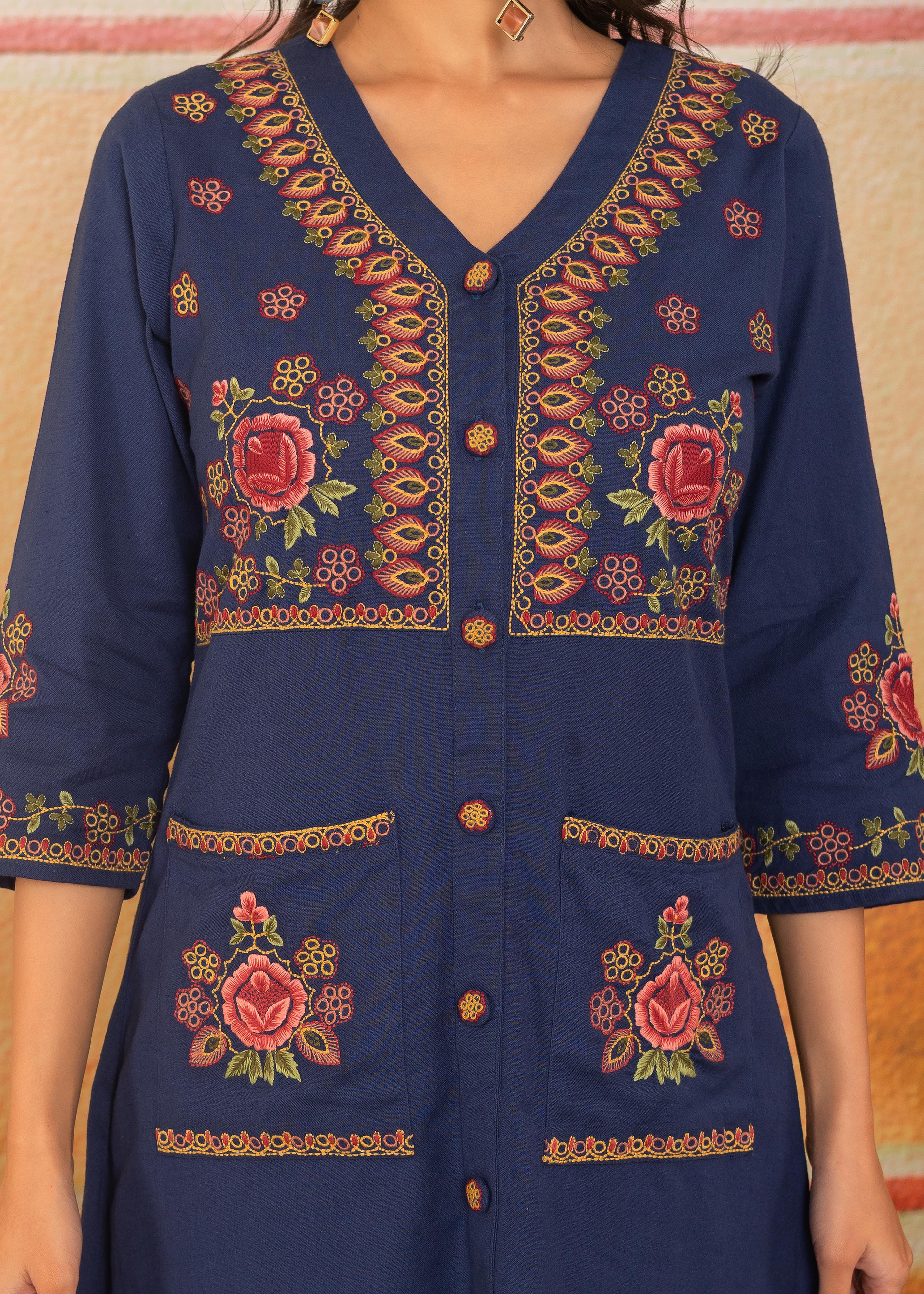 Navy Blue V-Neck Embroidered Dress