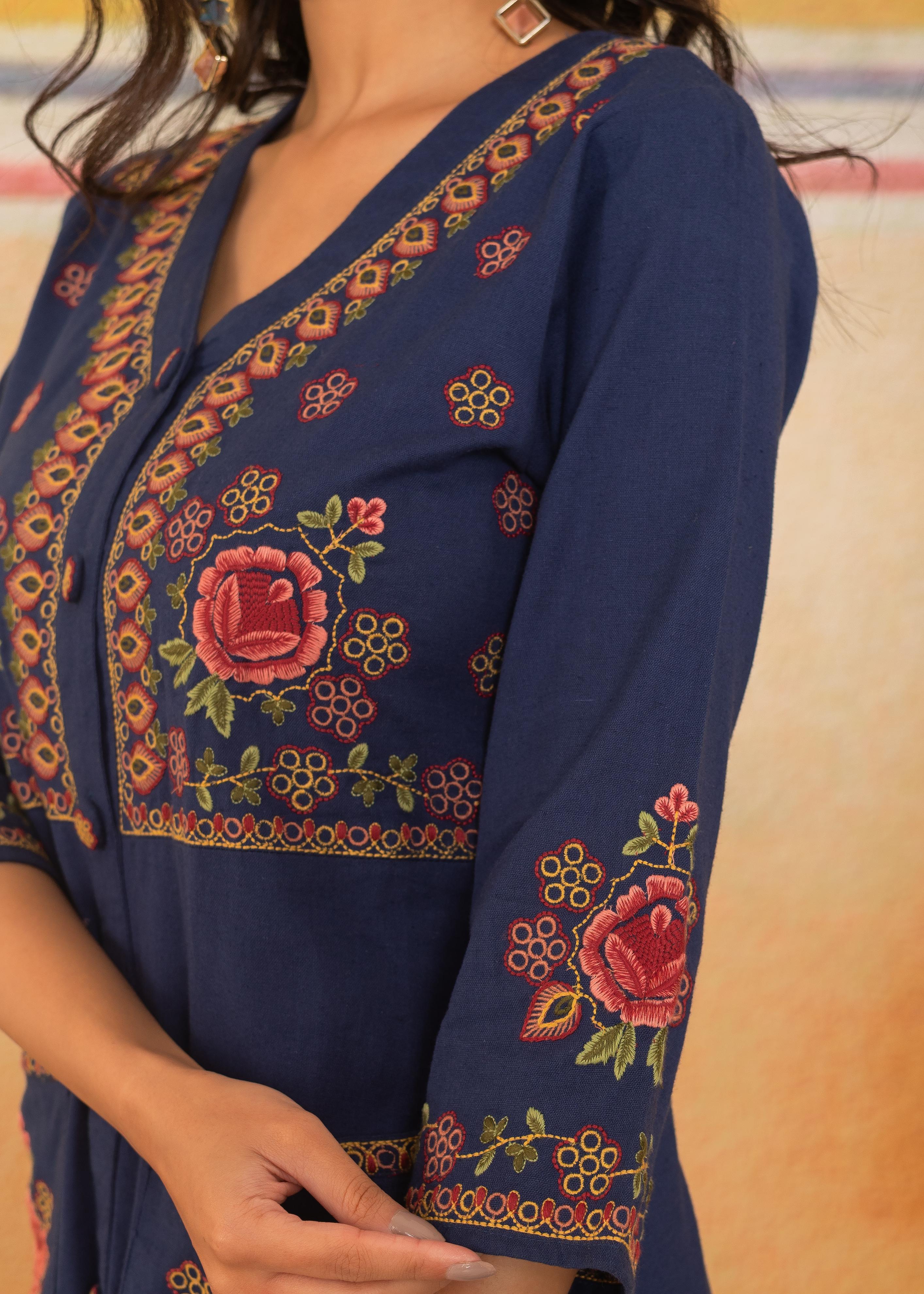 Navy Blue V-Neck Embroidered Dress