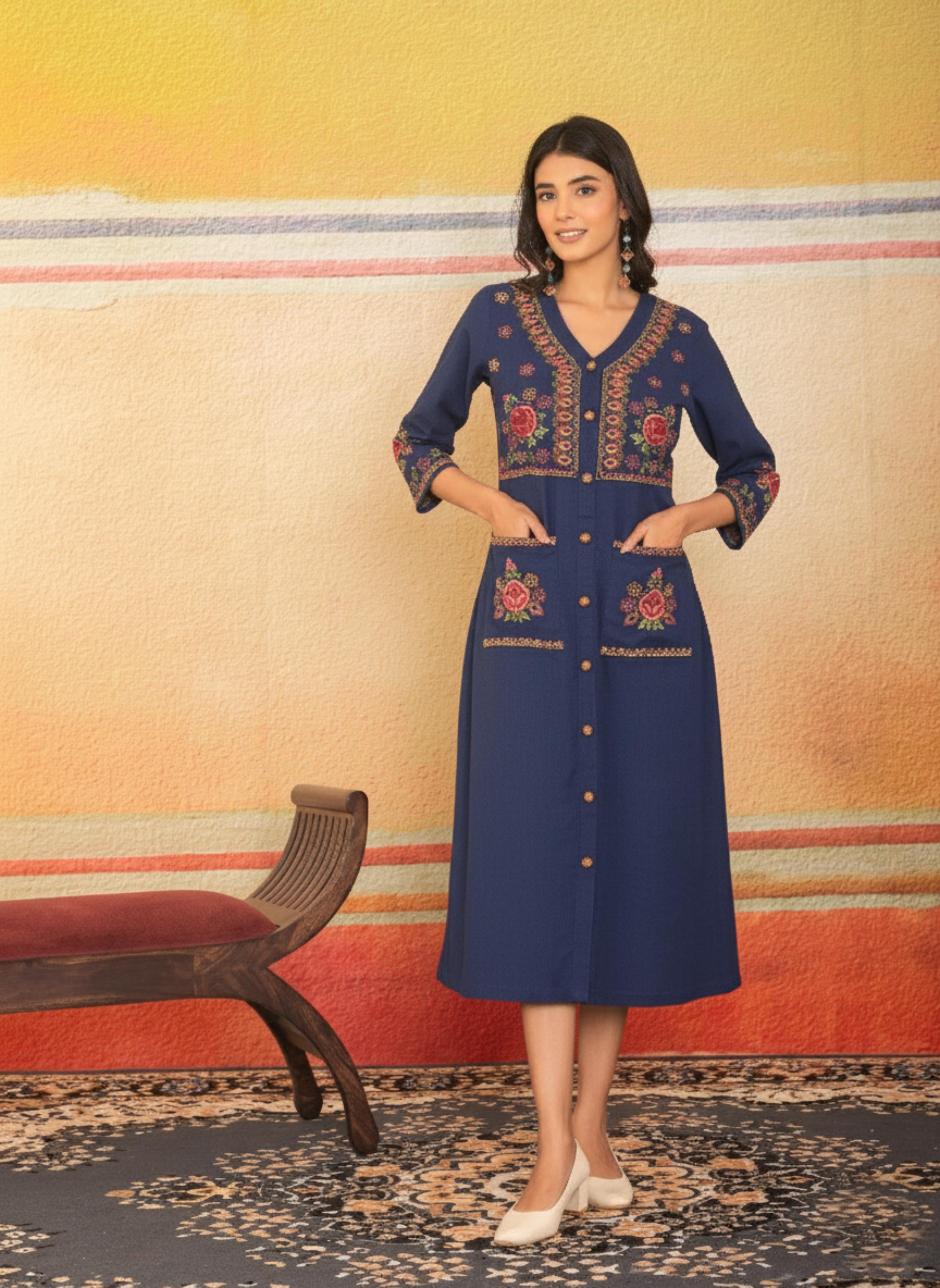 Navy Blue V-Neck Embroidered Dress