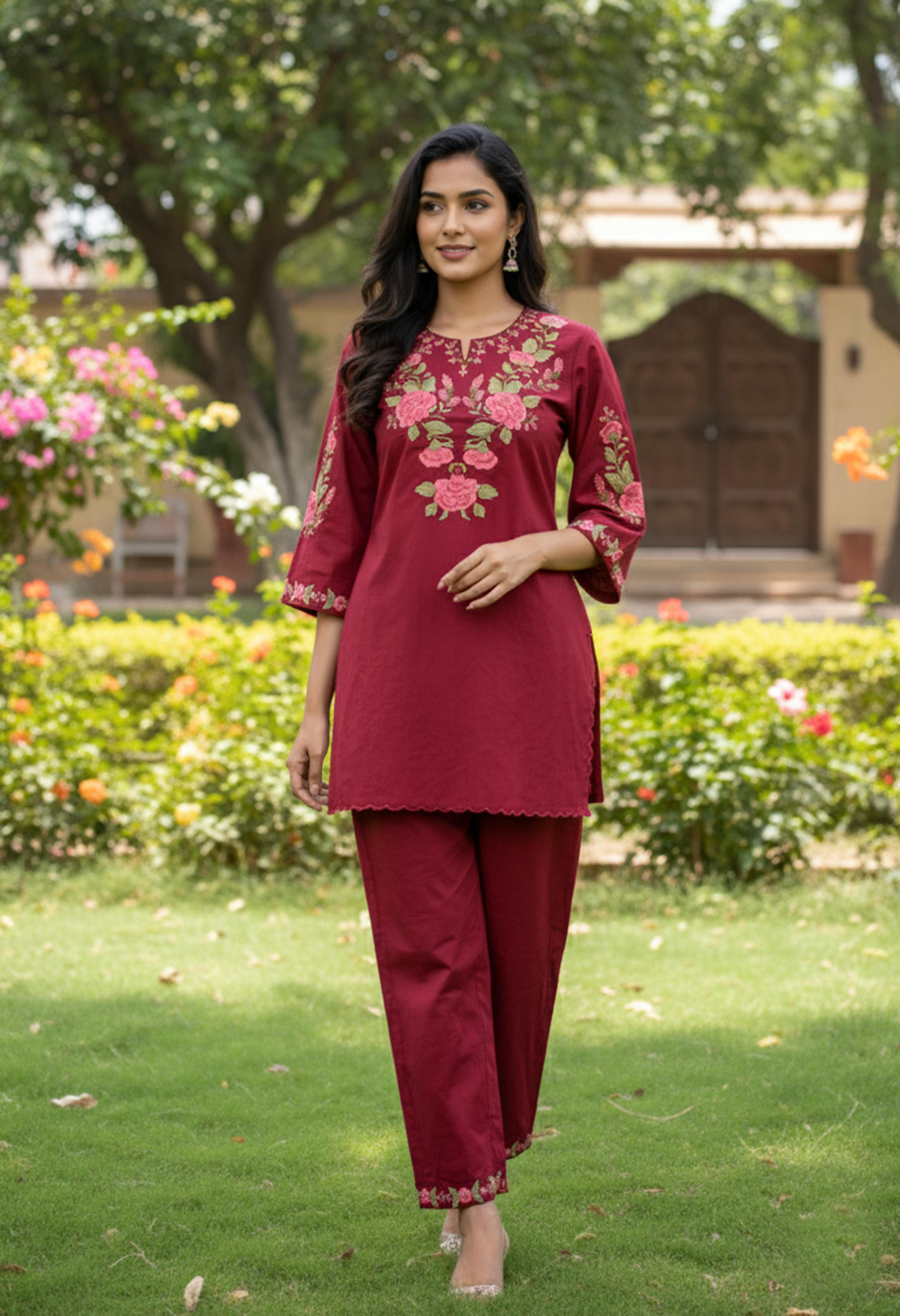 Deep Burgundy Floral Embroidered Co-ord Set