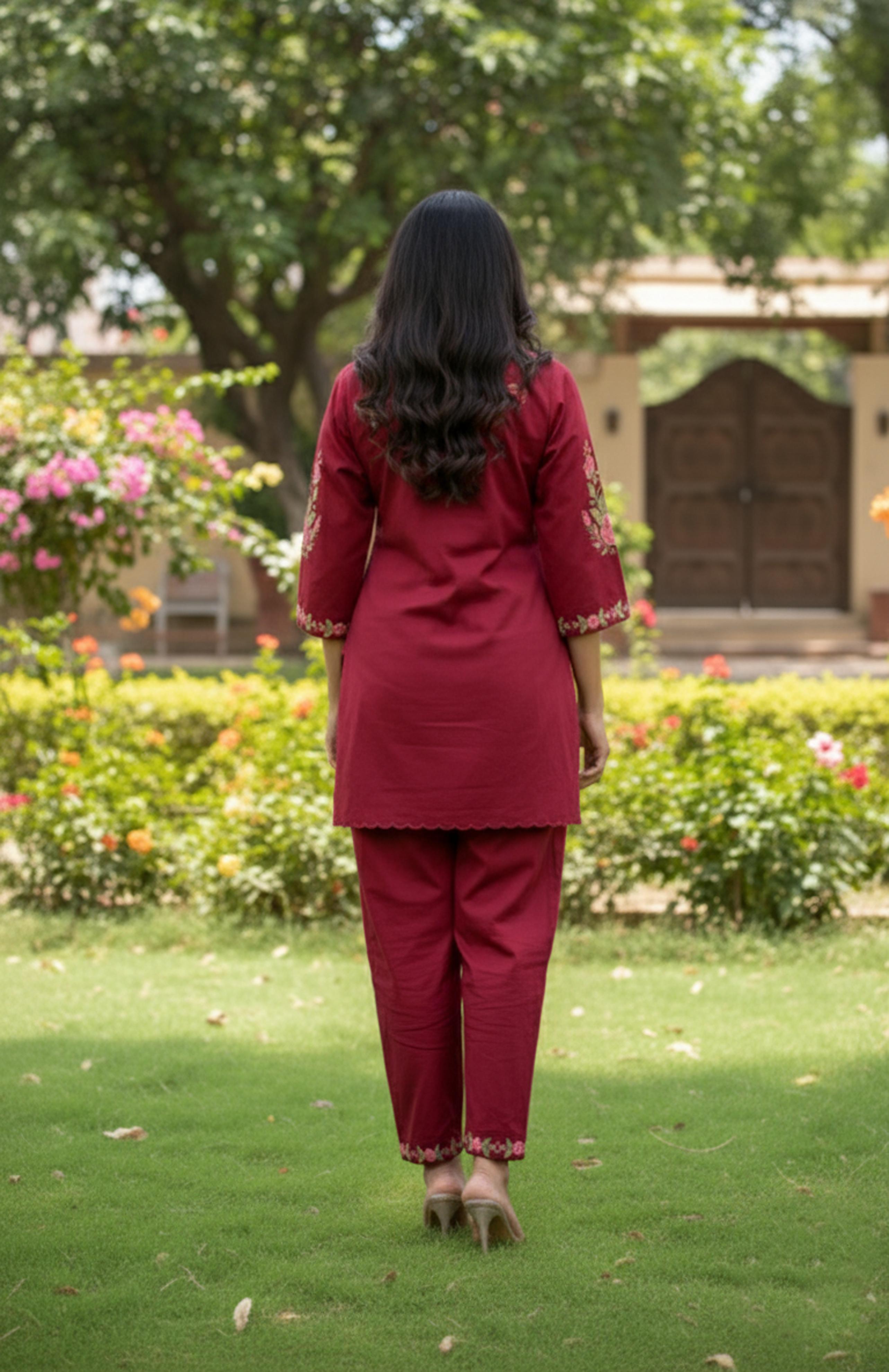 Deep Burgundy Floral Embroidered Co-ord Set
