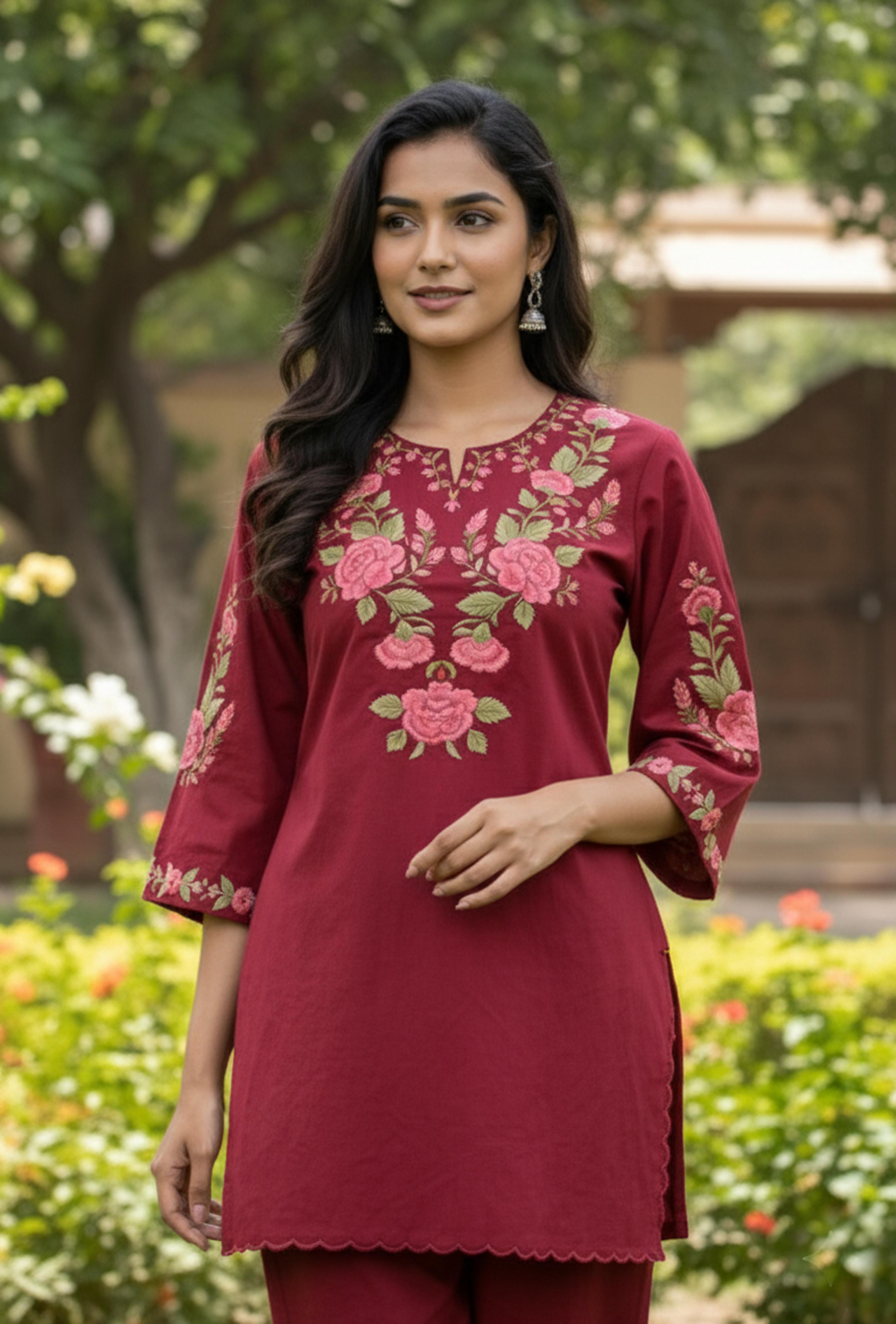 Deep Burgundy Floral Embroidered Co-ord Set