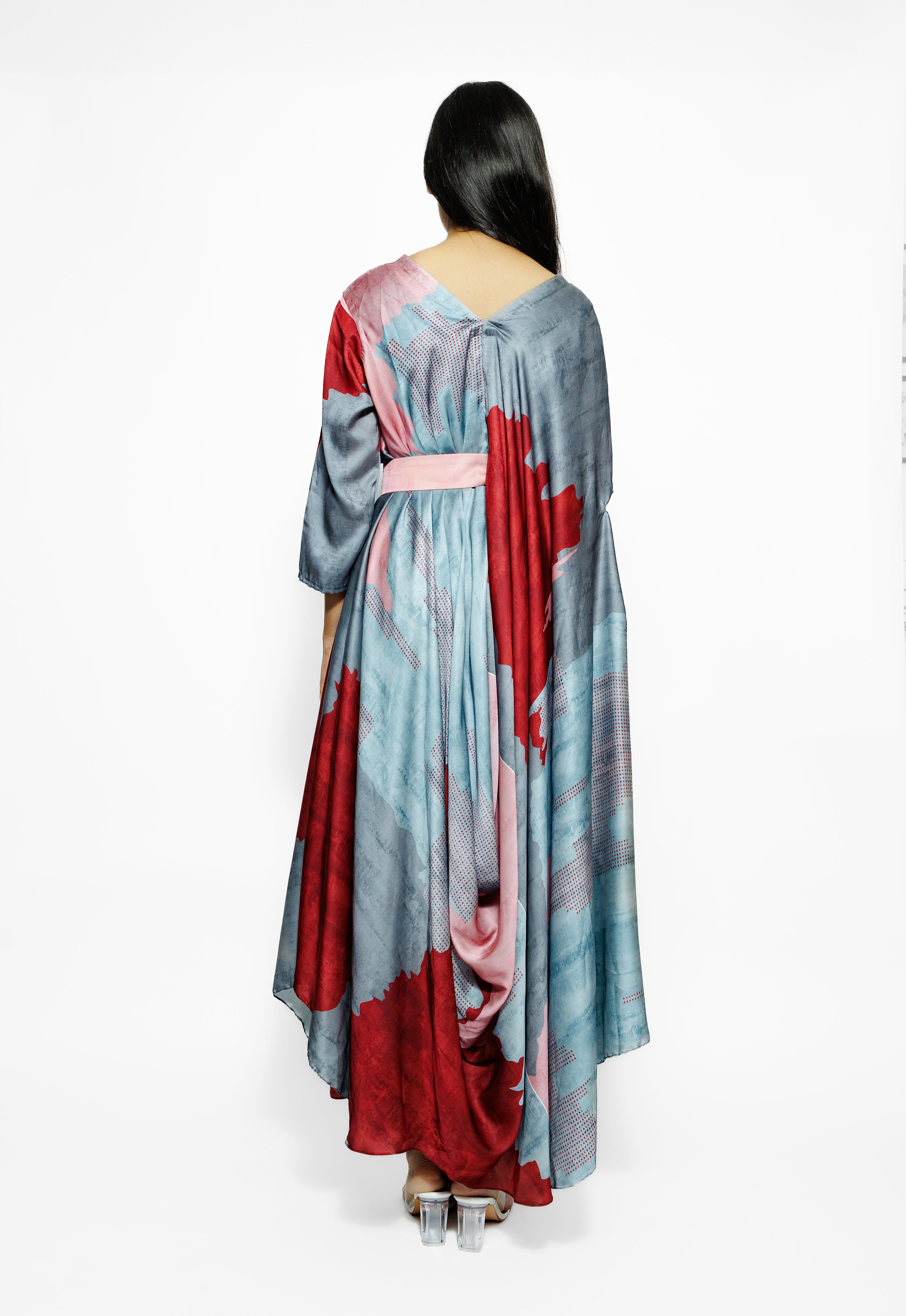 Pastel Blue Abstract Printed Cotton Satin Silk Cowl Dress