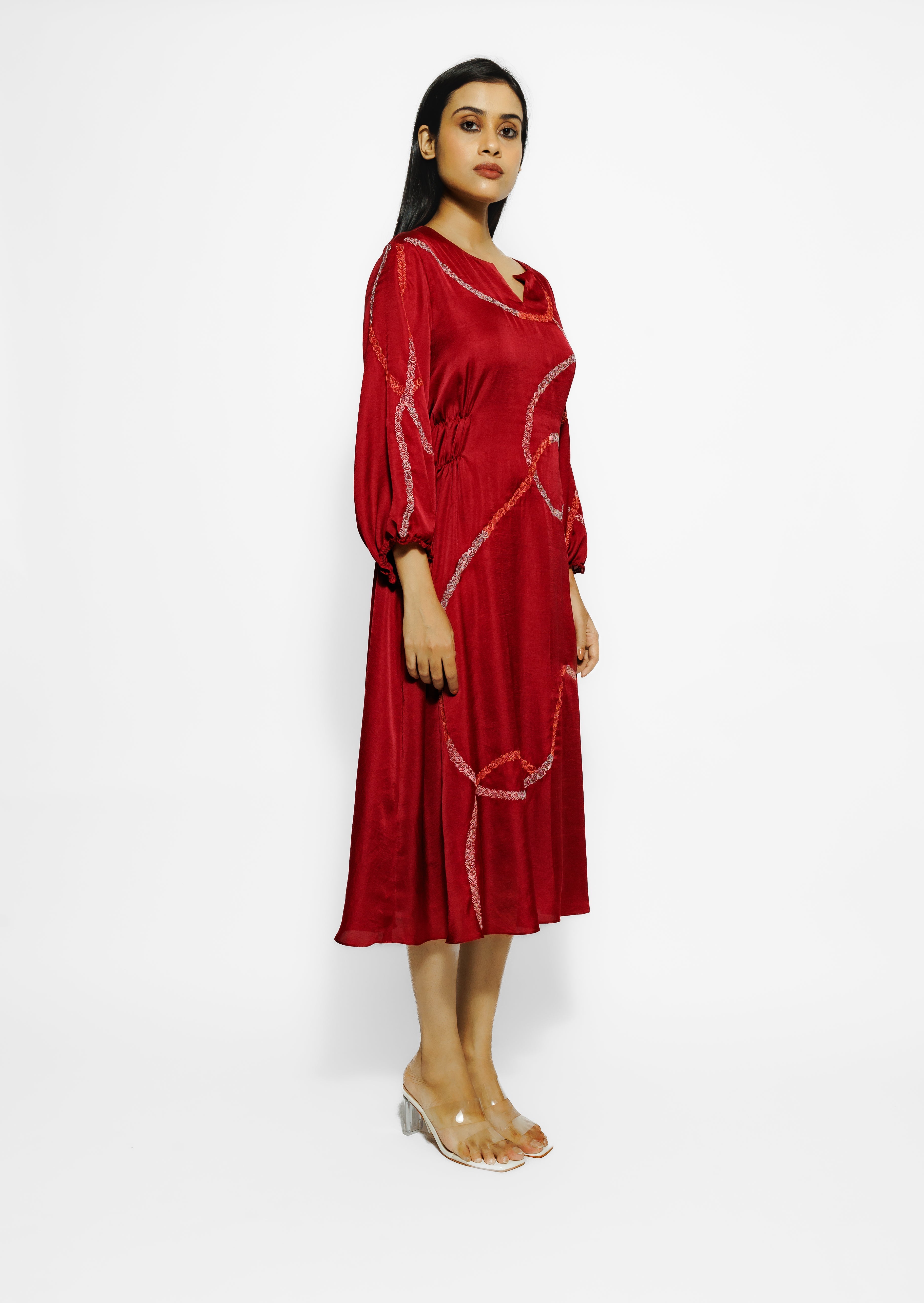 Red Embroidered Mulberry Silk Tunic Dress