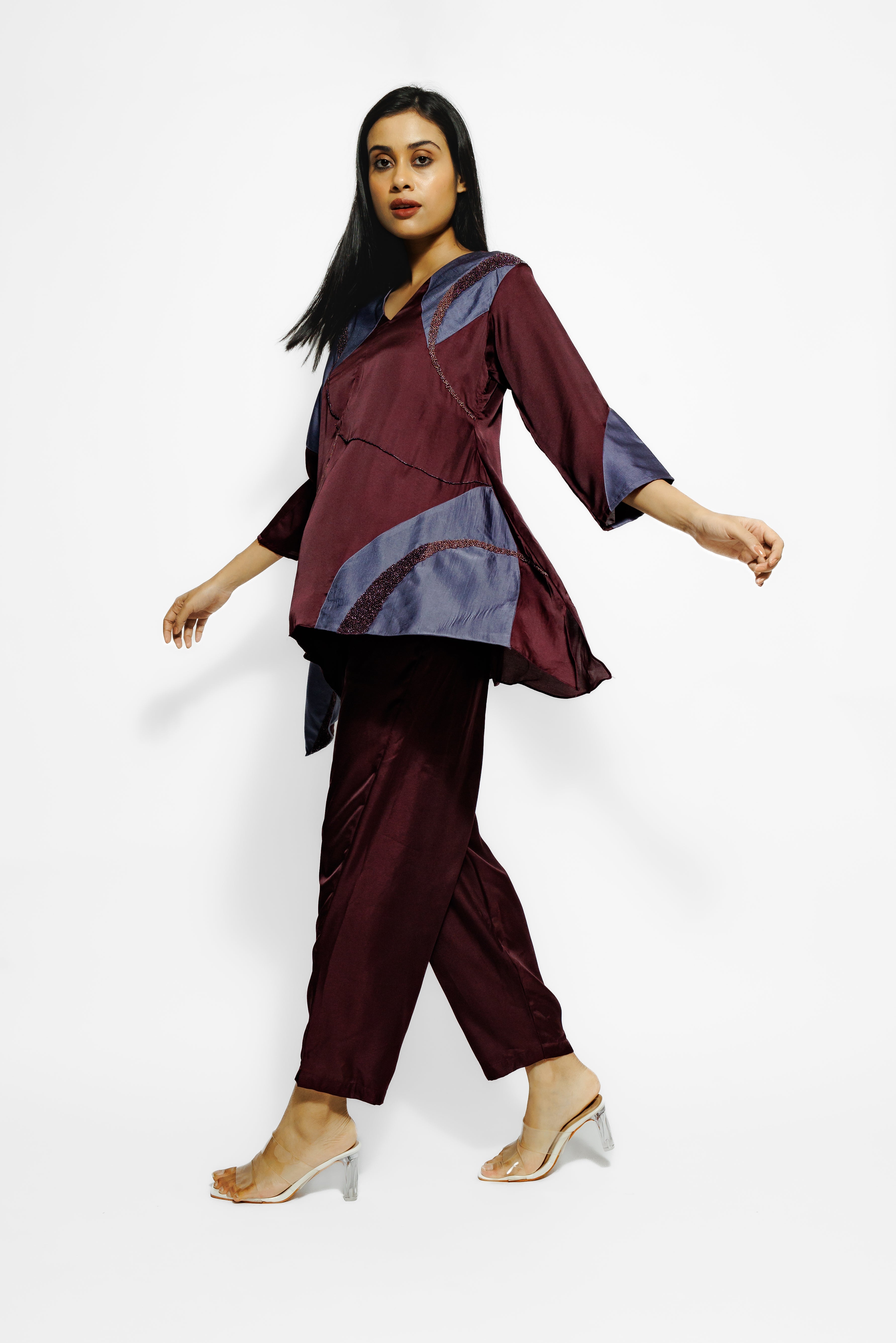 Wine Embroidered Mulberry Silk Co-Ord Set