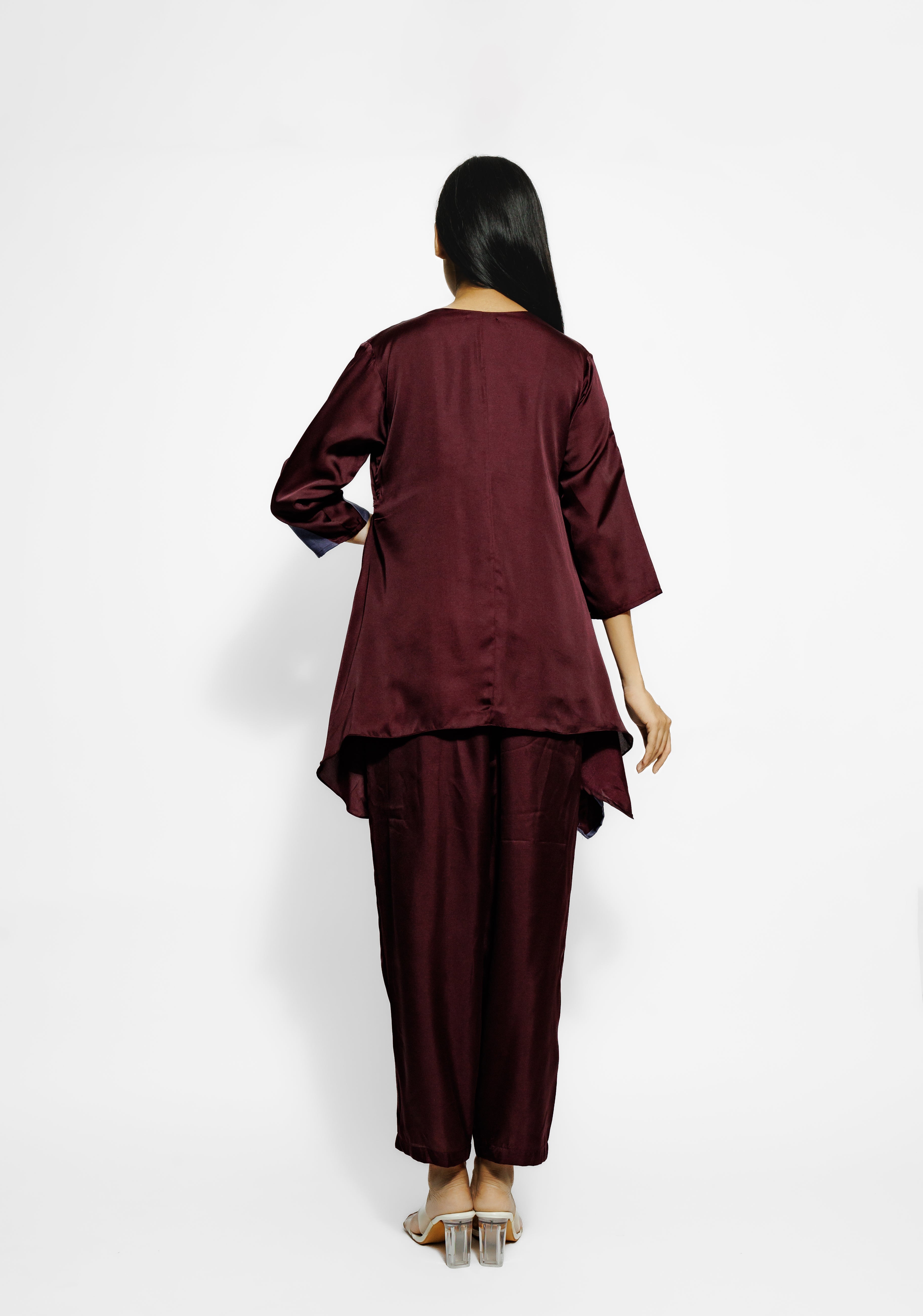 Wine Embroidered Mulberry Silk Co-Ord Set