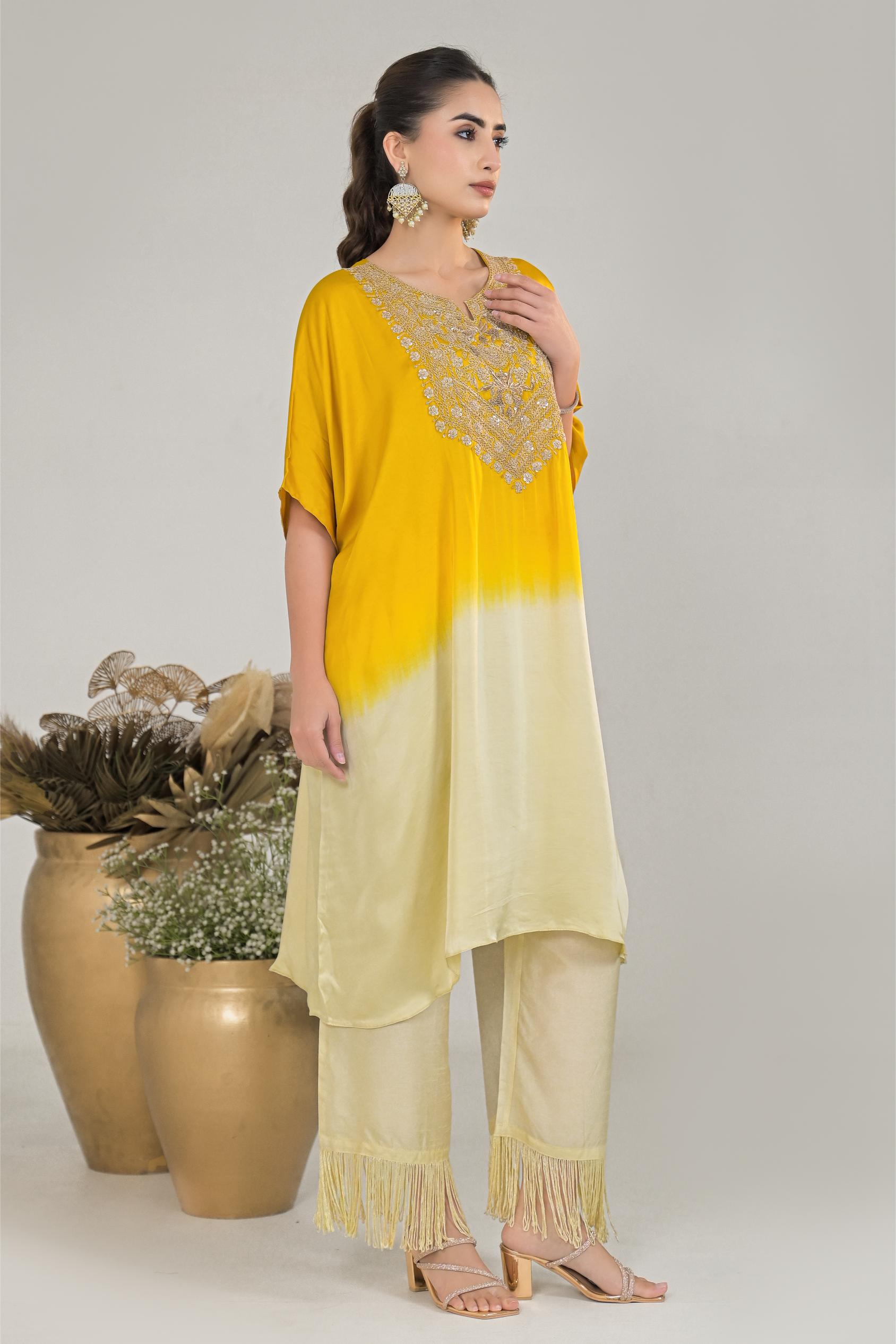 Festive Yellow Ombre-Dyed Satin Silk Kaftan Set