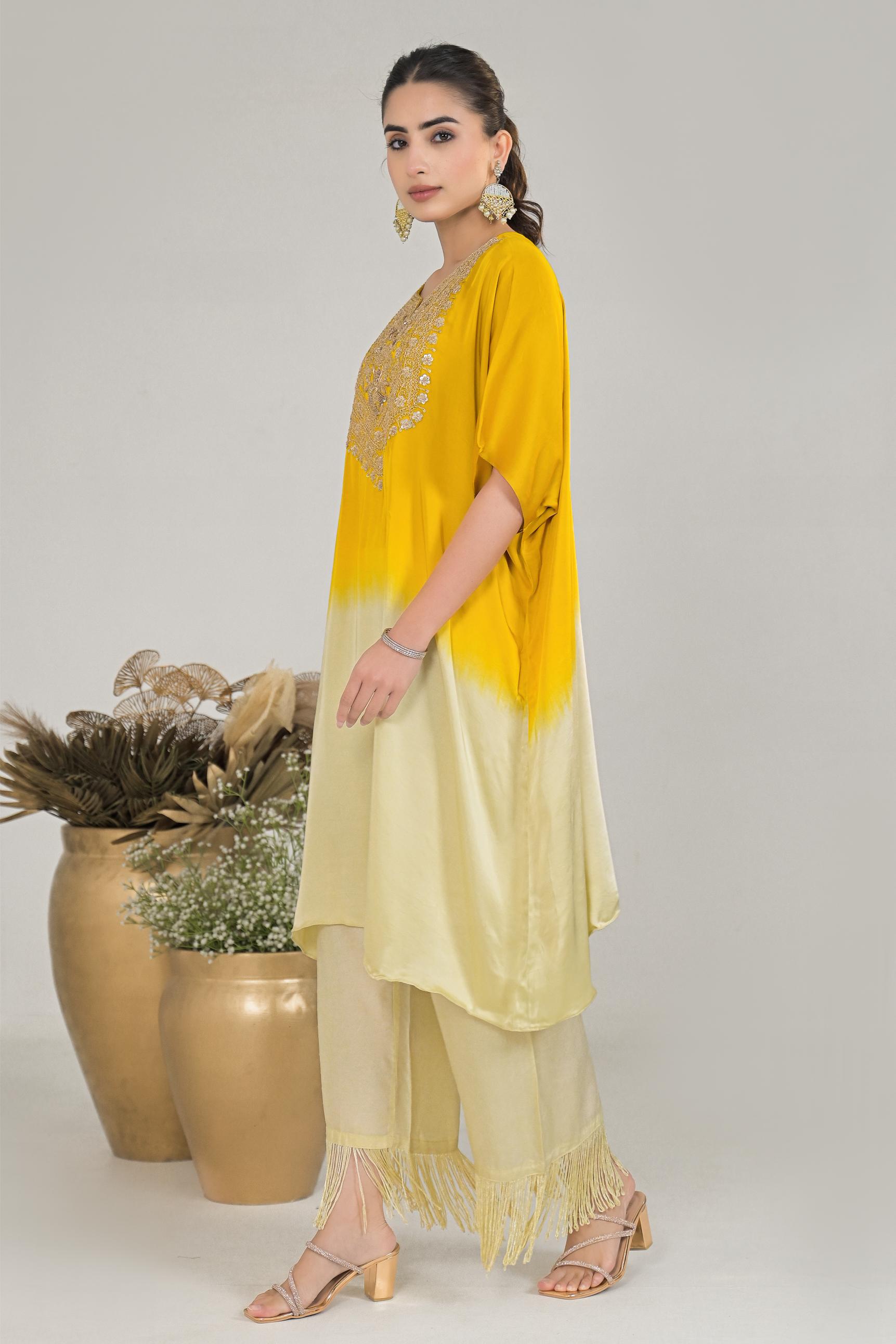 Festive Yellow Ombre-Dyed Satin Silk Kaftan Set