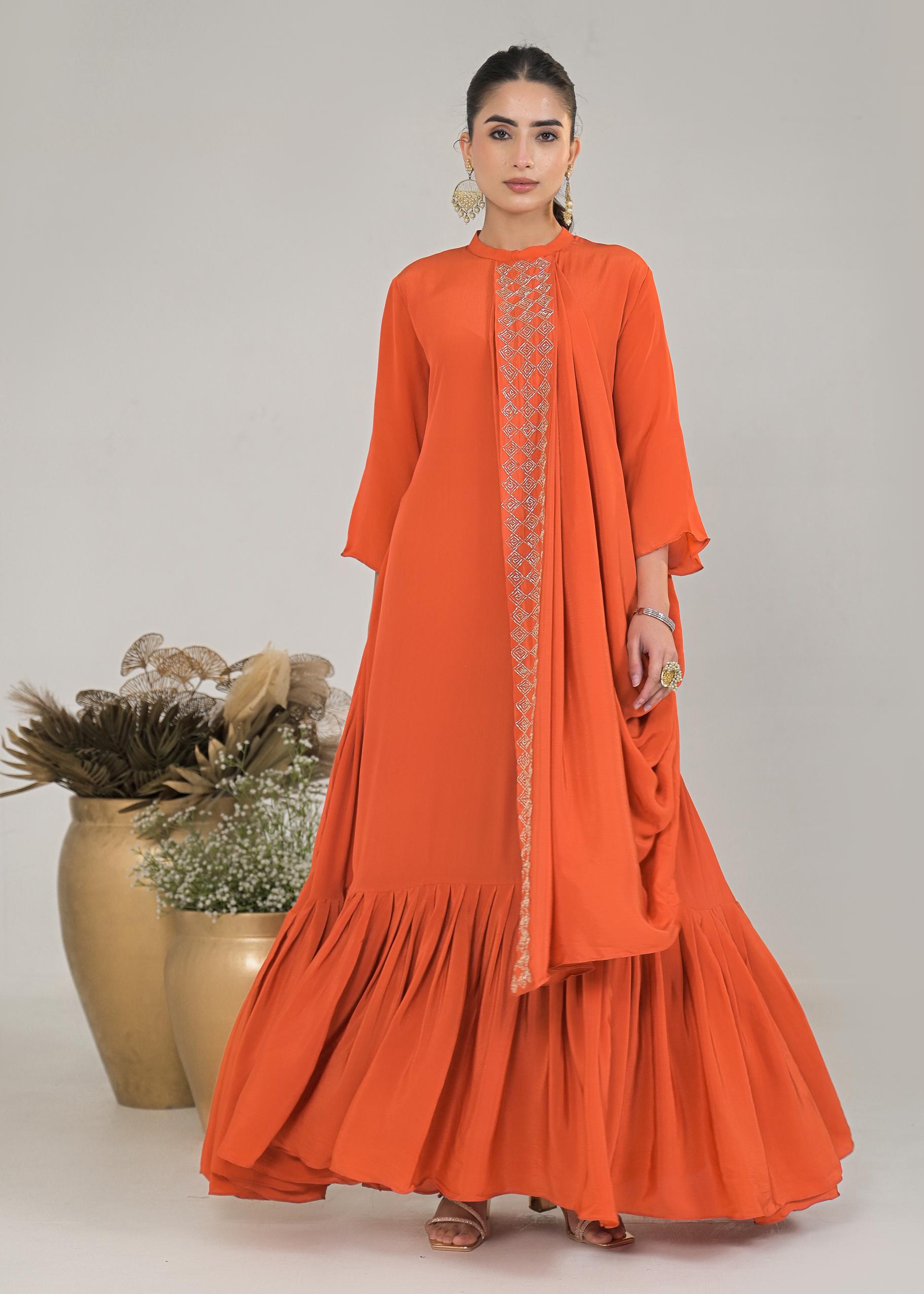 Orange Embellished Premium Silk Gown