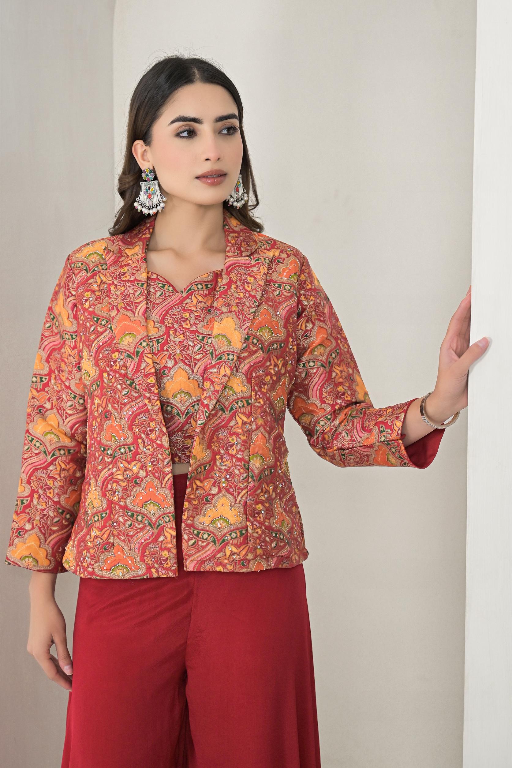 Red Printed Chanderi Silk Jacket & Palazzo Set