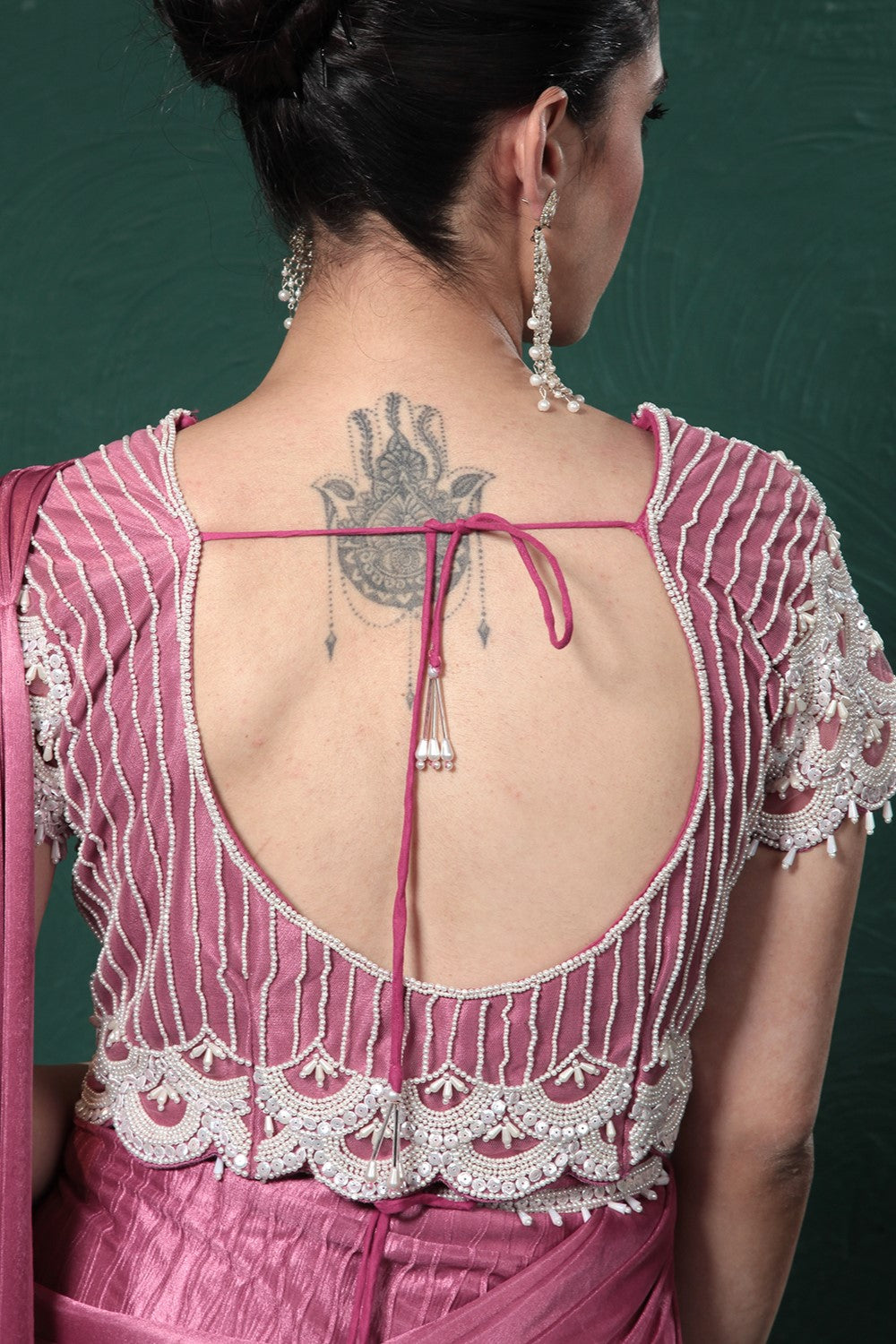 Dark Pink Embellished Spandex Saree