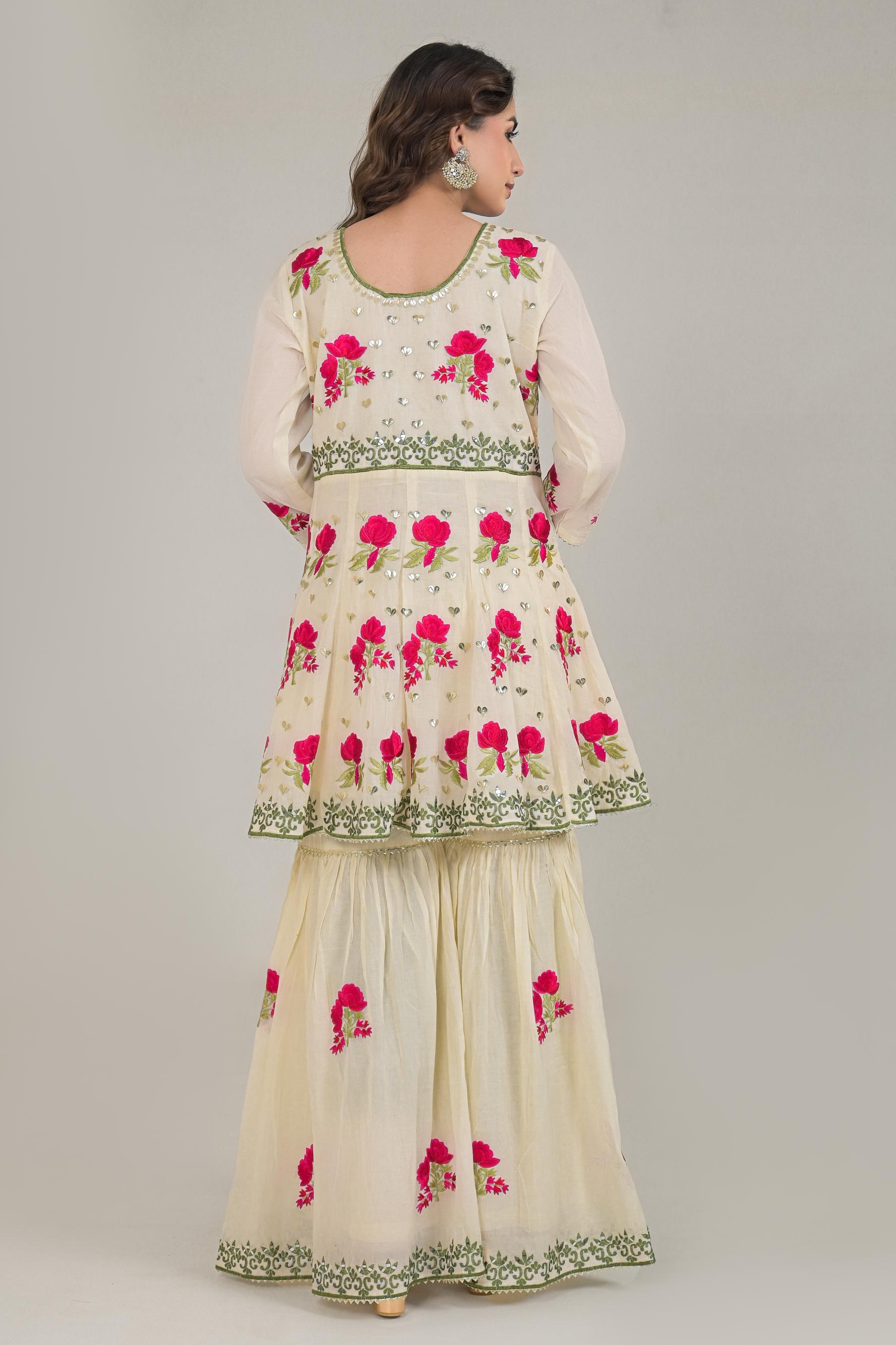 Off White Floral Embroidered Cotton Silk Sharara Set