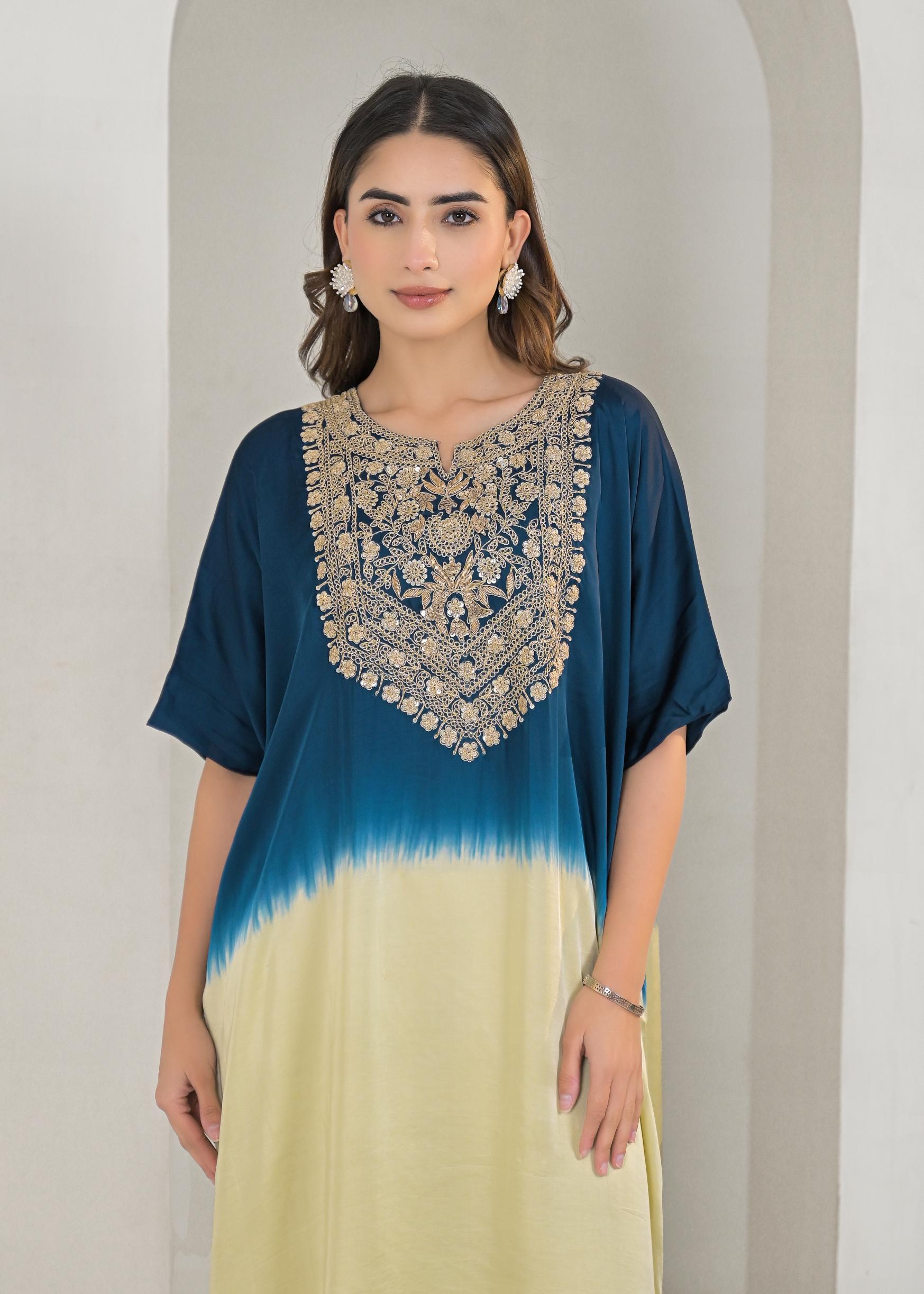 Dark Blue Ombre-Dyed Satin Silk Kaftan Set