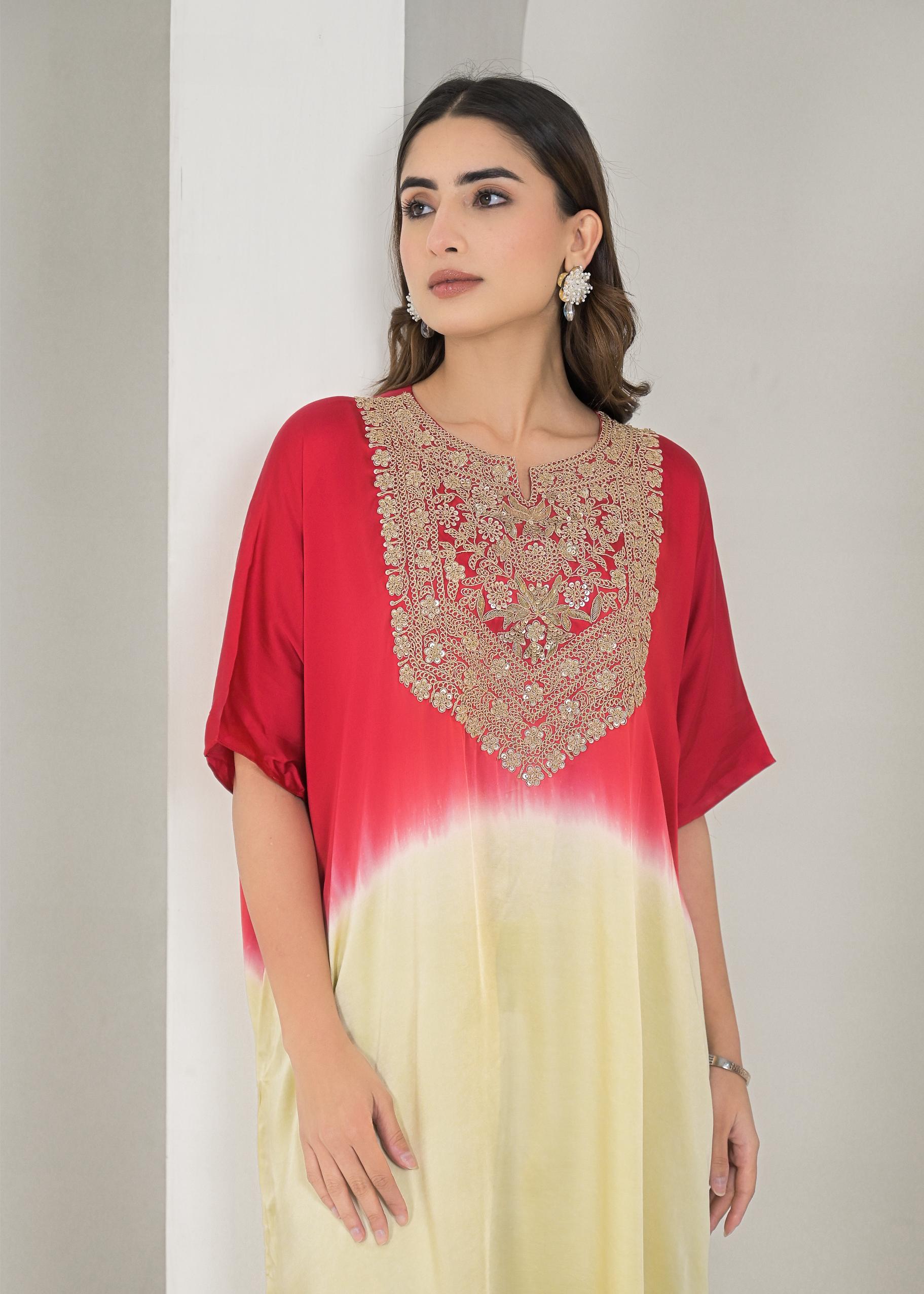 Red Ombre-Dyed Satin Silk Kaftan Set