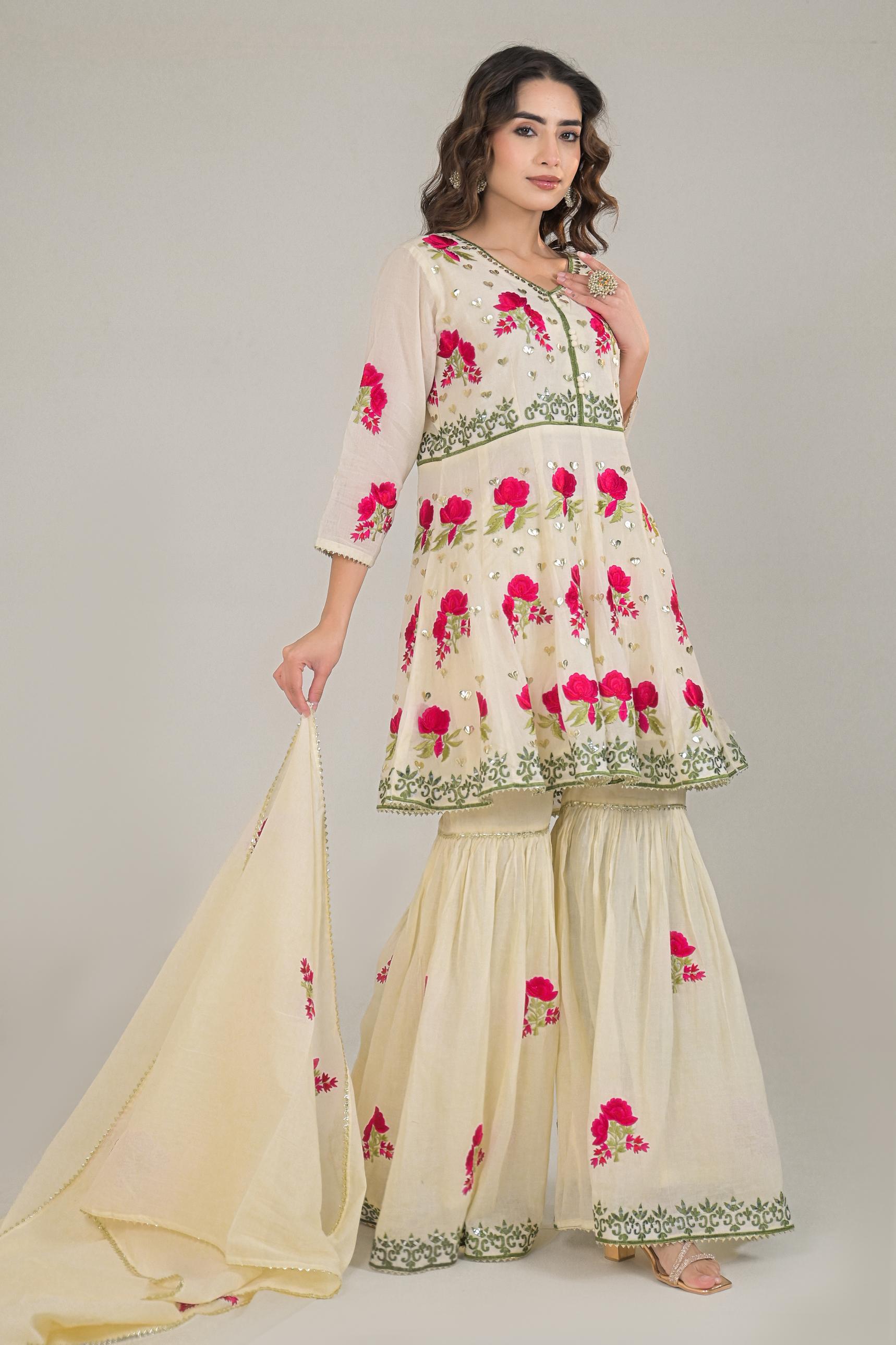 Off White Floral Embroidered Cotton Silk Sharara Set