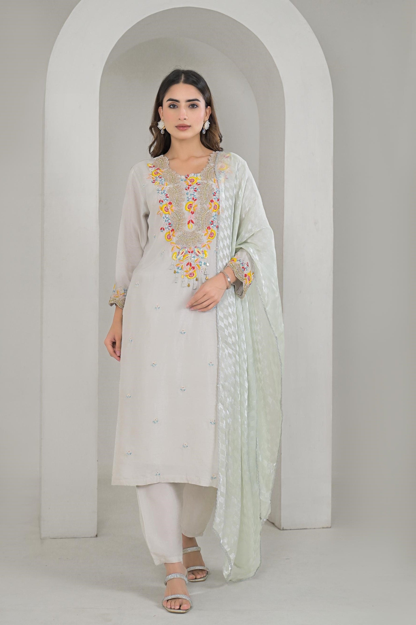 Pastel Grey Embroidered Raw Silk Pants Set