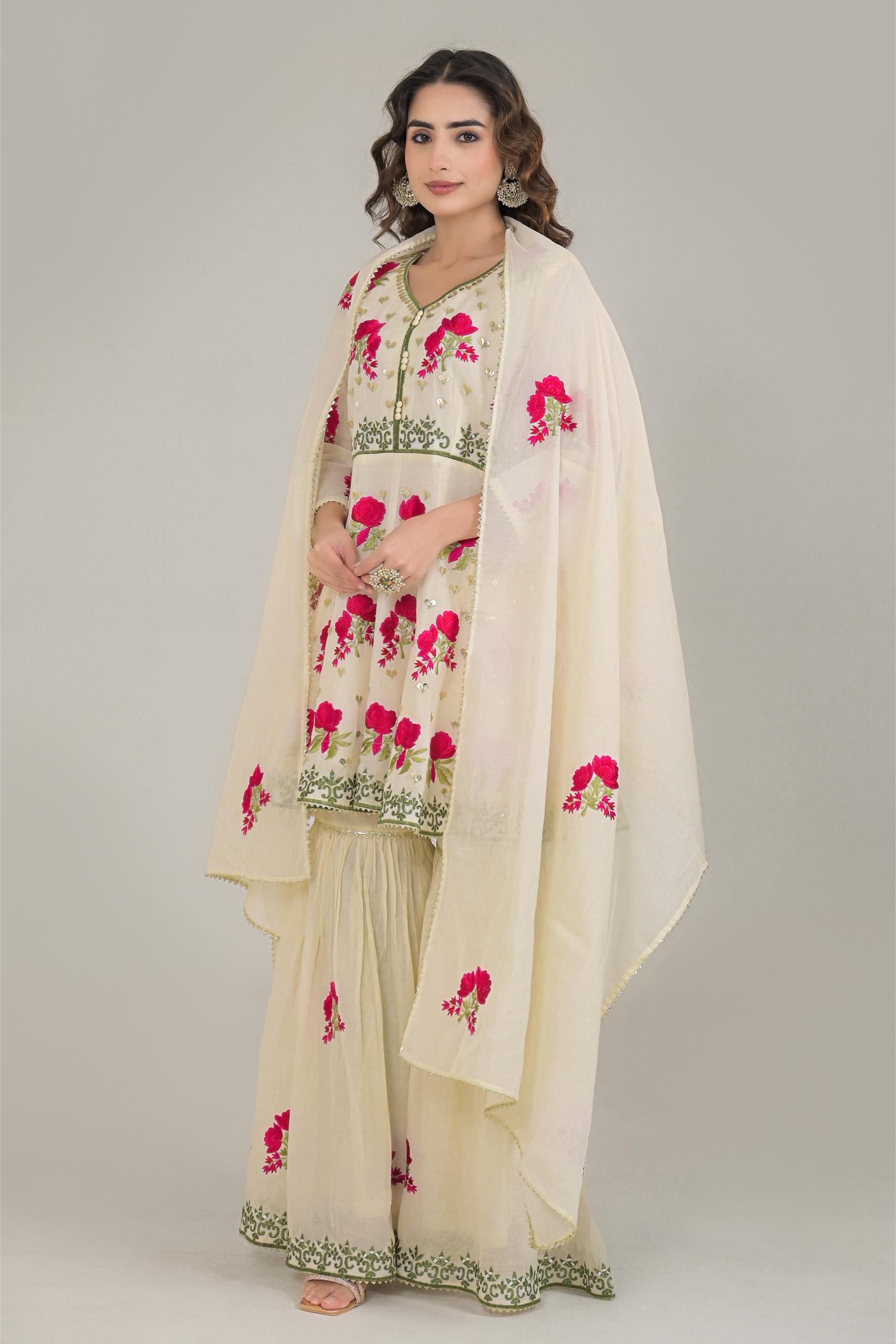 Off White Floral Embroidered Cotton Silk Sharara Set