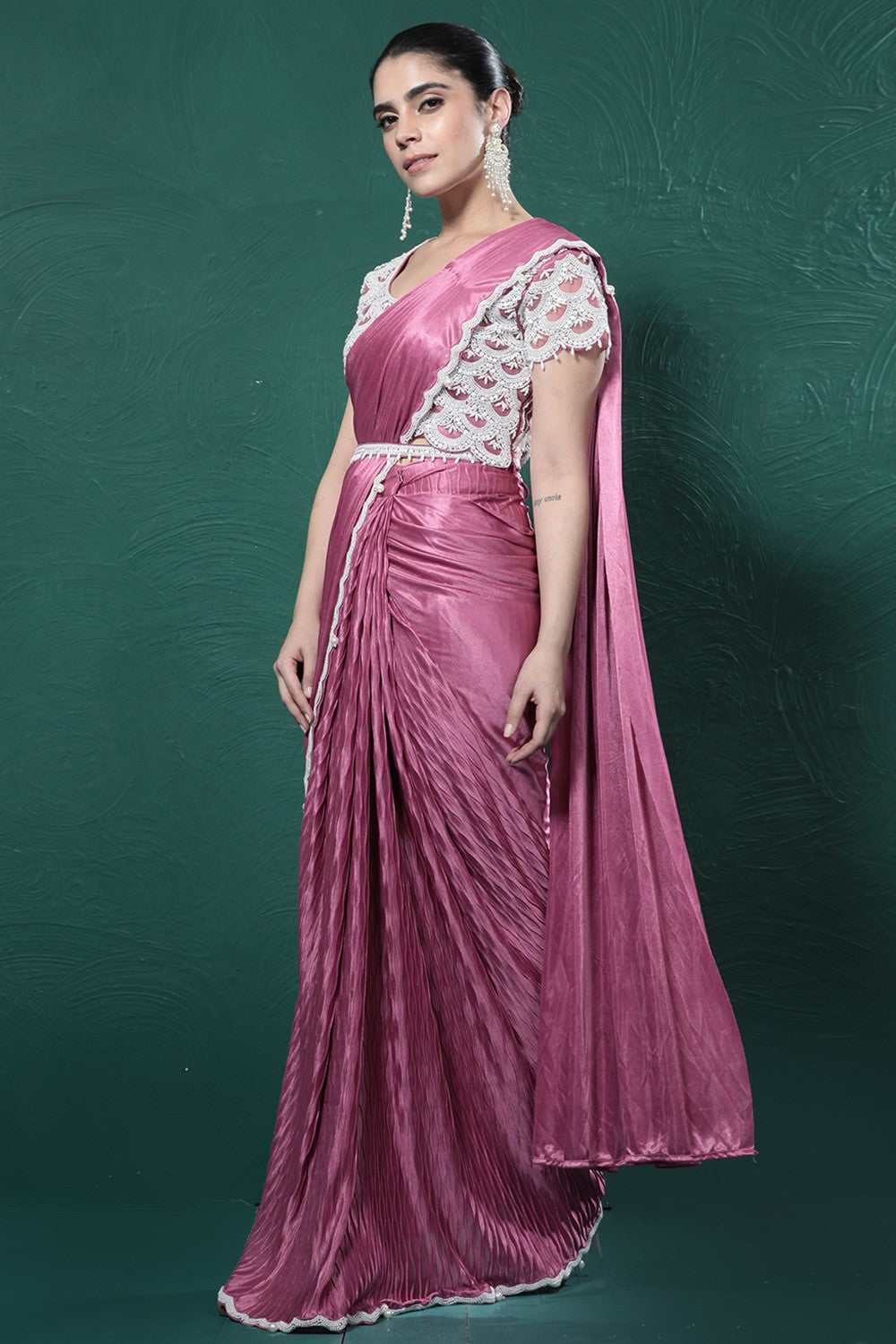 Dark Pink Embellished Spandex Saree