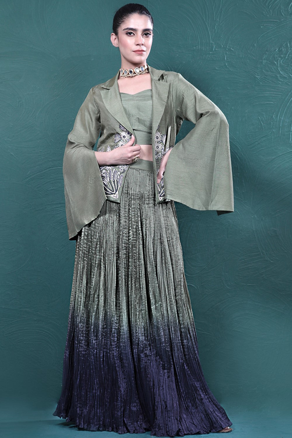 Green Embroidered Jacket Skirt Set