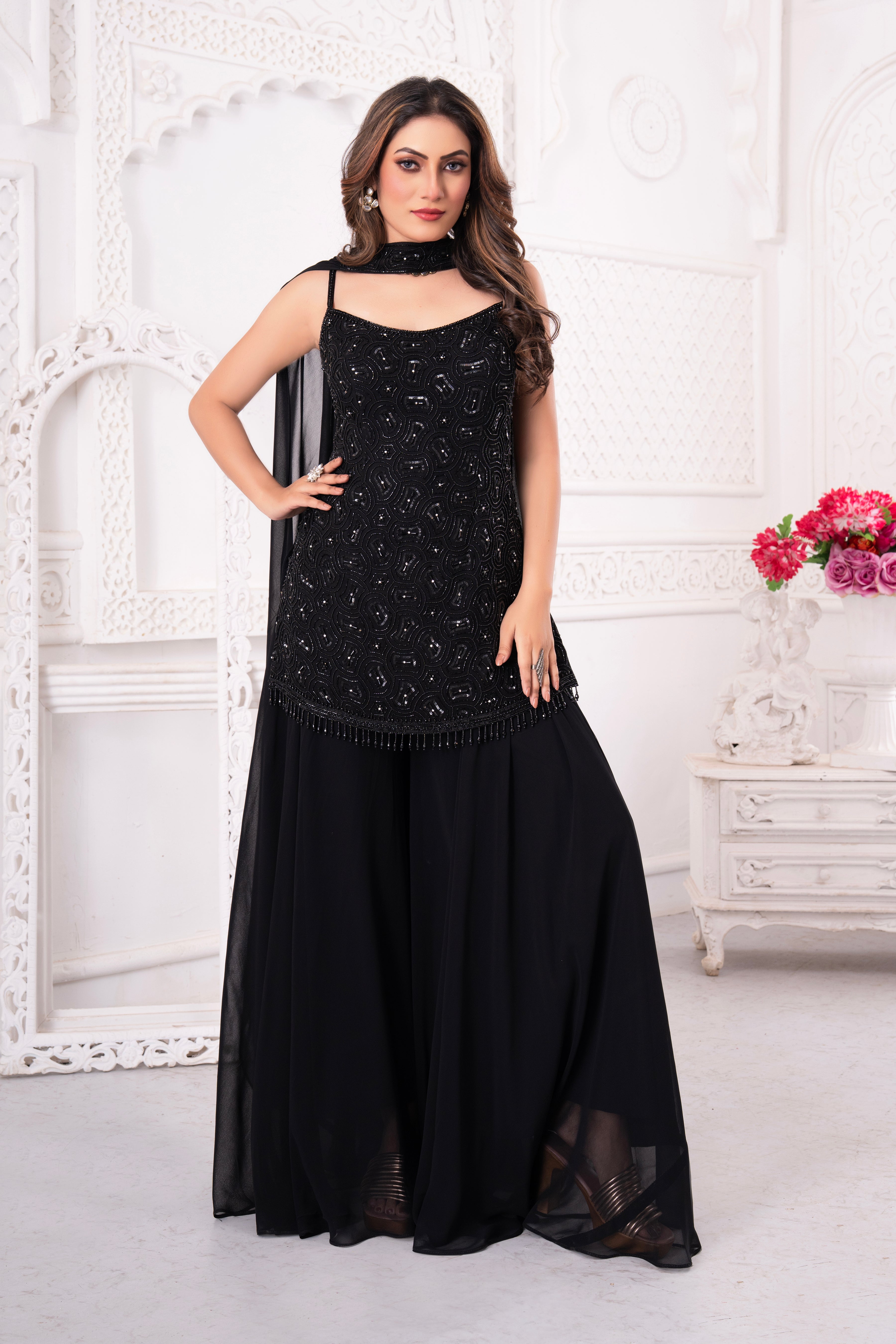 Black Embellished Palazzo Set