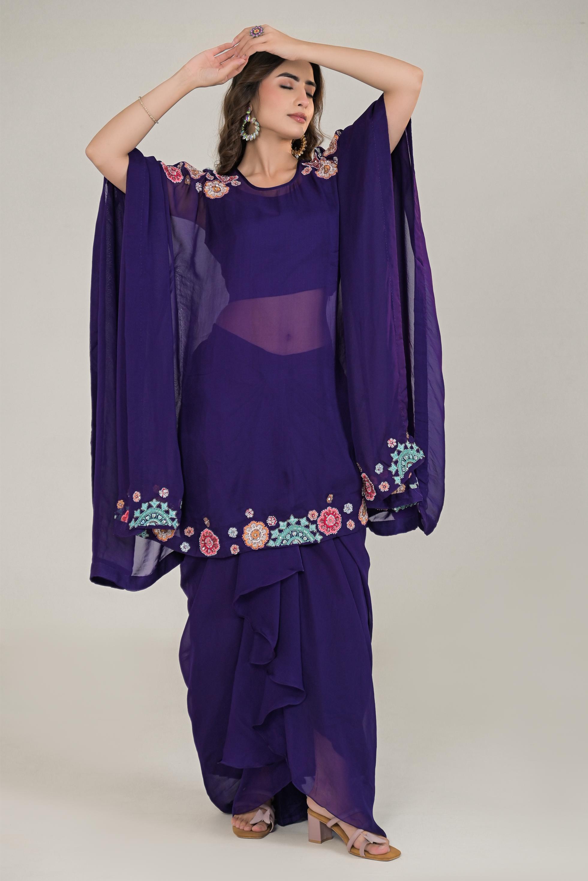 Purple Embroidered Organza Silk Kaftan & Skirt Set