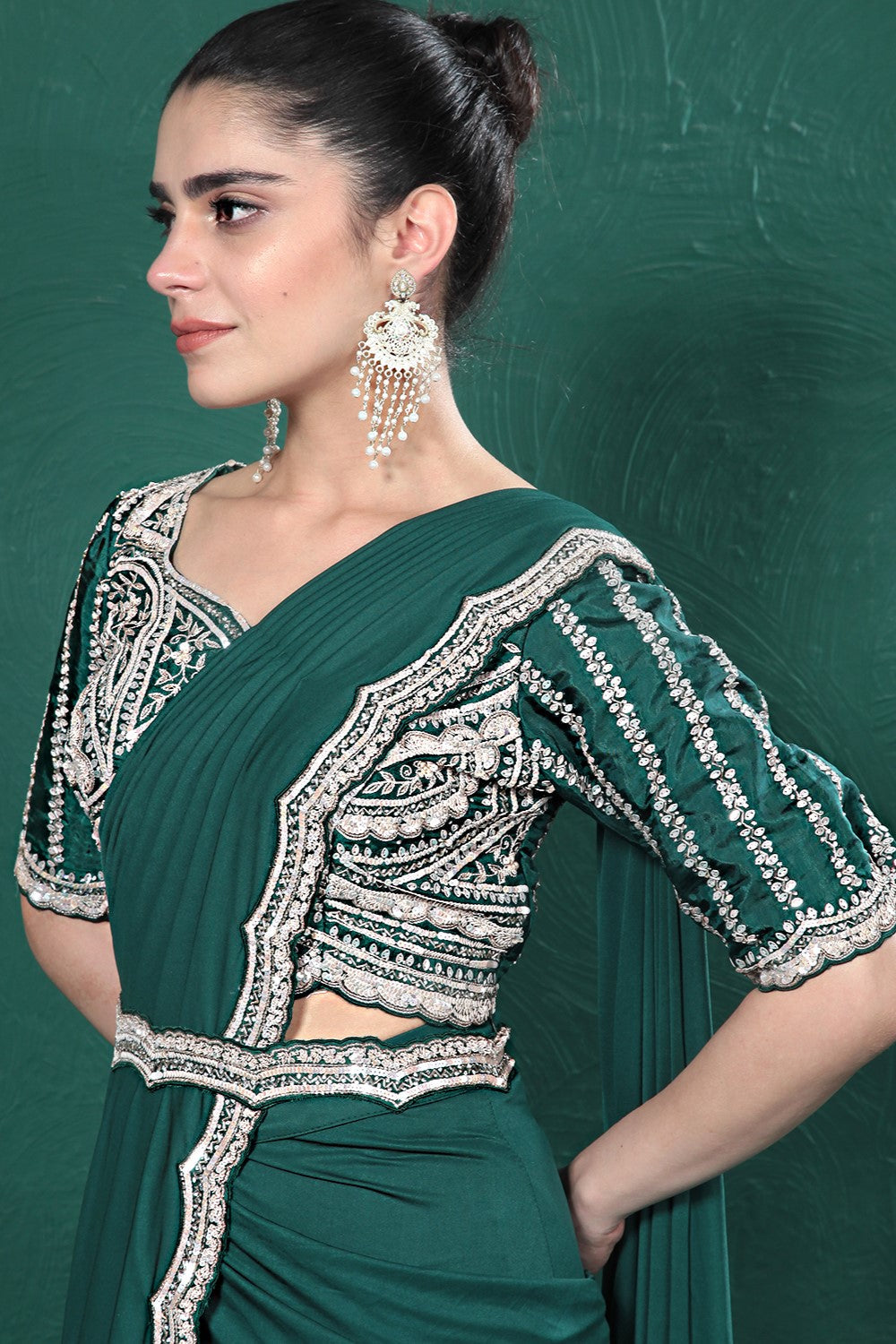 Deep Green Embellished Spandex Saree