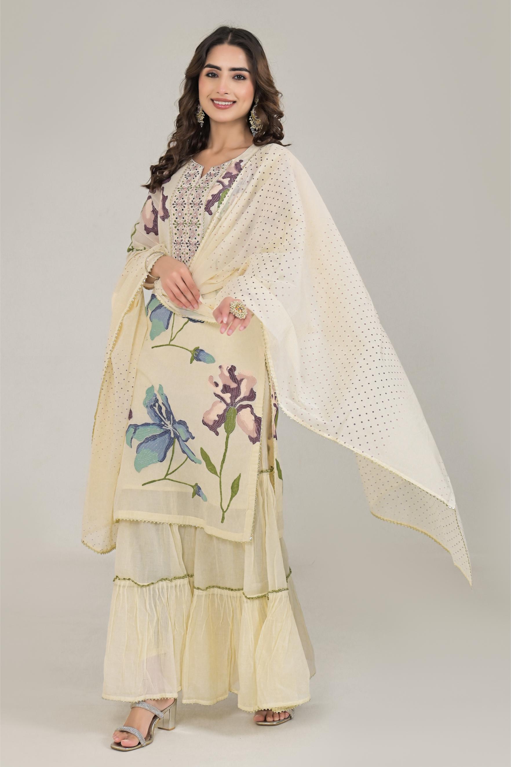 Off-White Floral Printed Cotton Silk Sharara Set