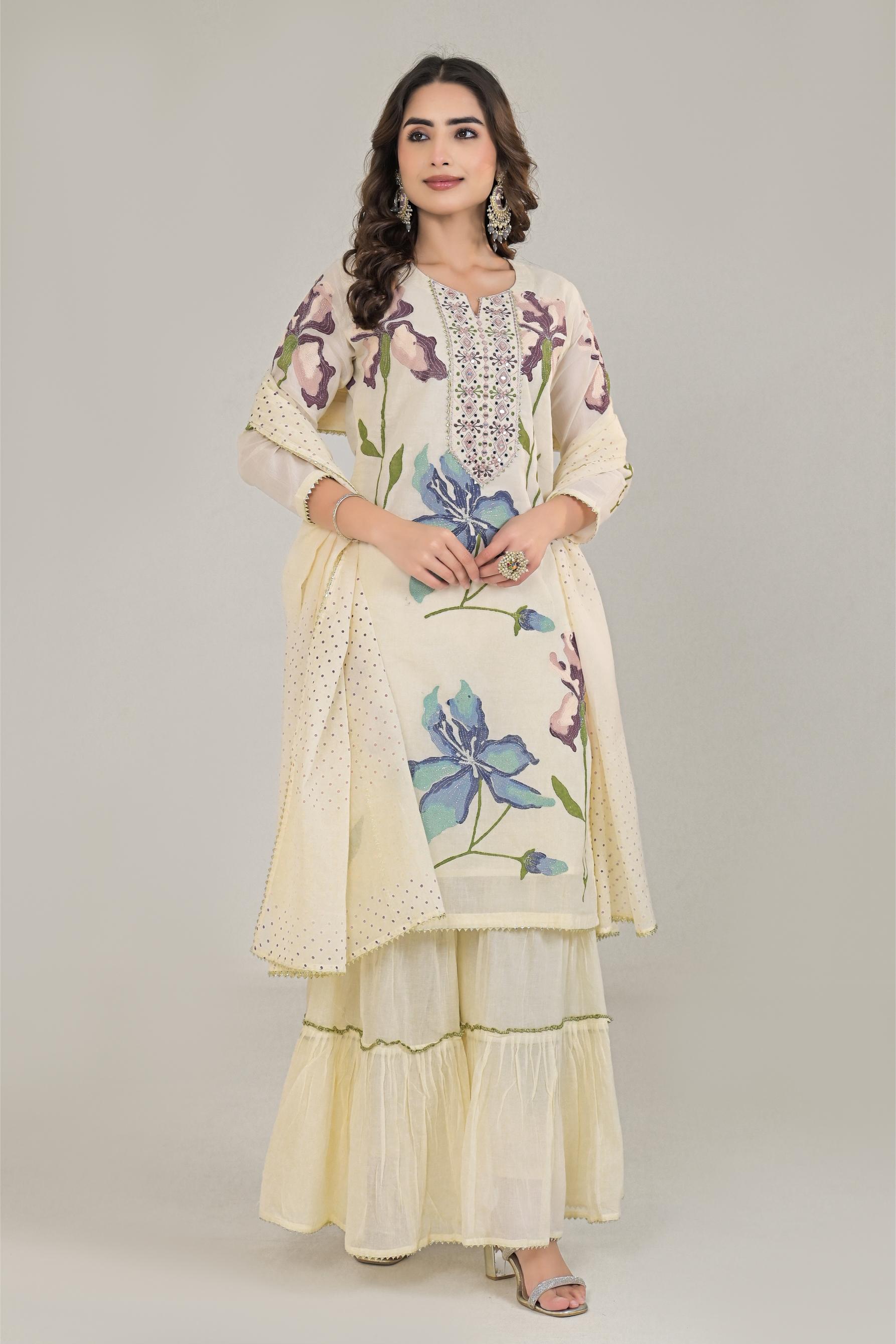 Off-White Floral Printed Cotton Silk Sharara Set