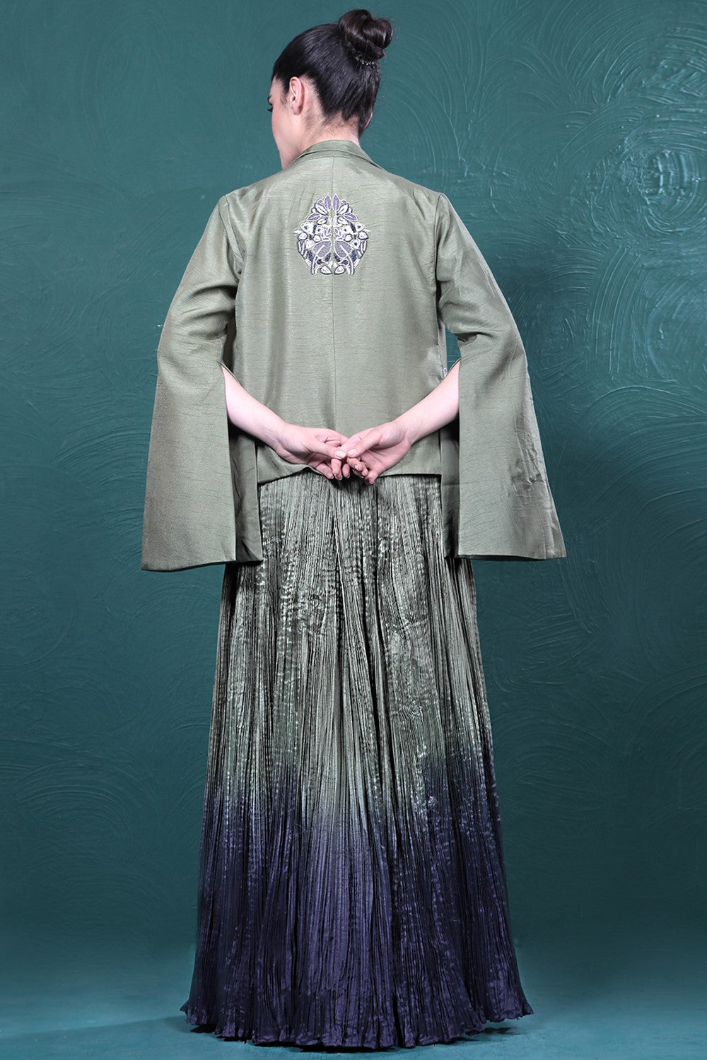 Green Embroidered Jacket Skirt Set