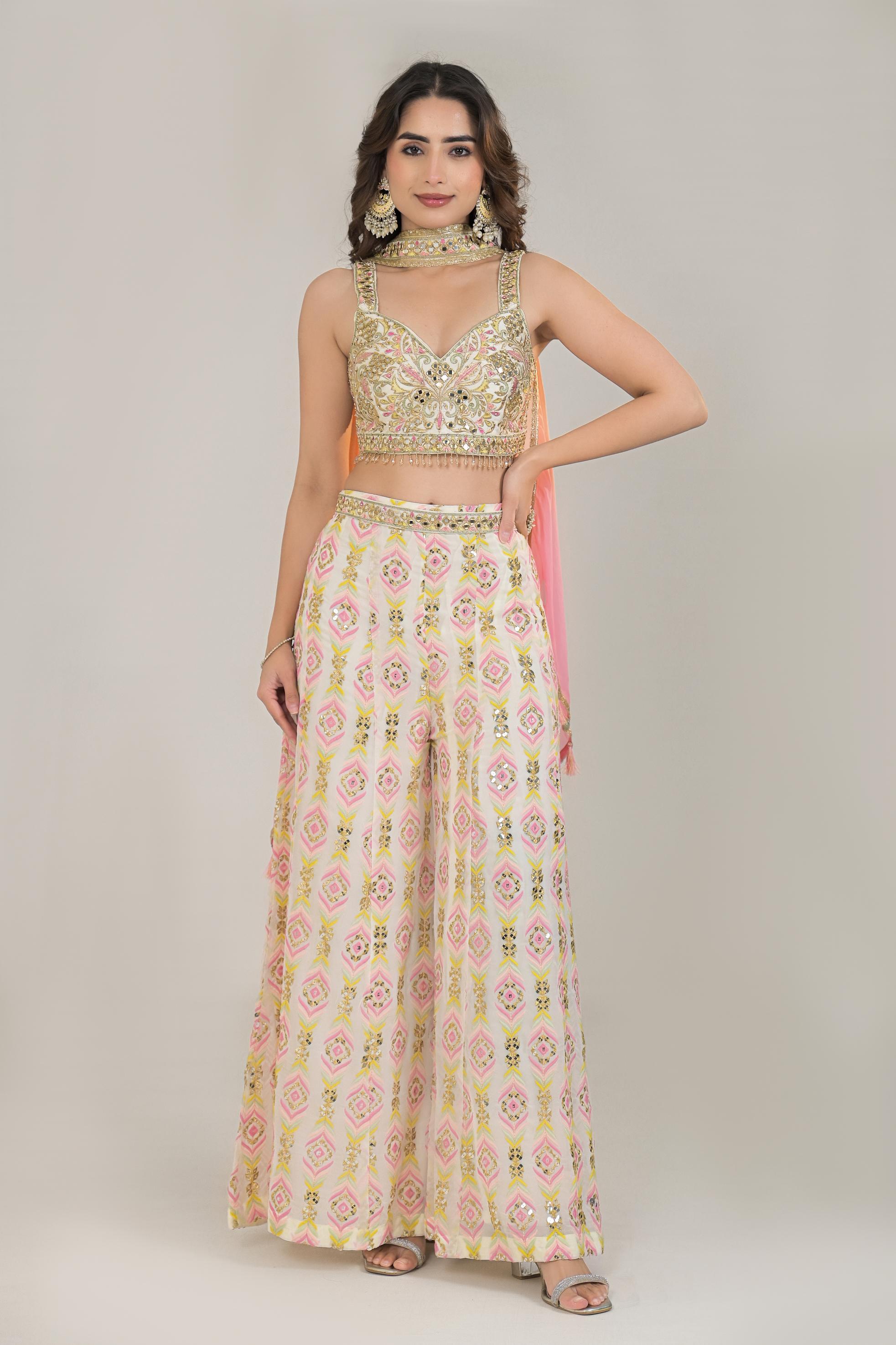 Pastel Cream Embroidered Georgette Silk Palazzo Set