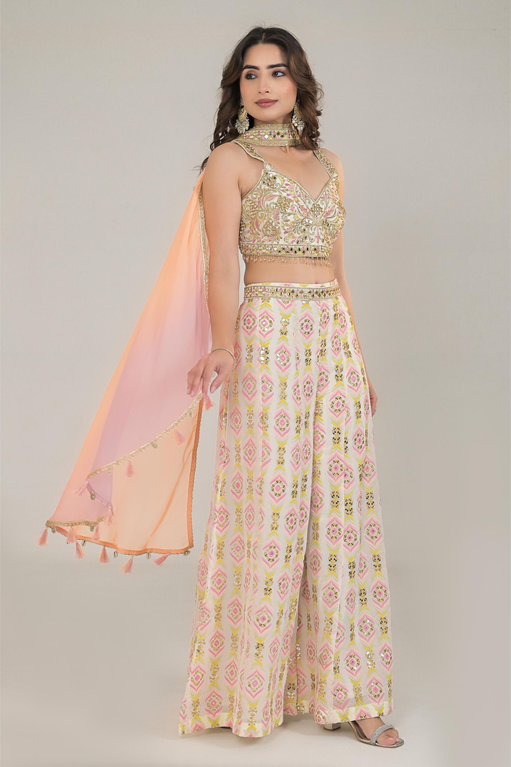 Pastel Cream Embroidered Georgette Silk Palazzo Set