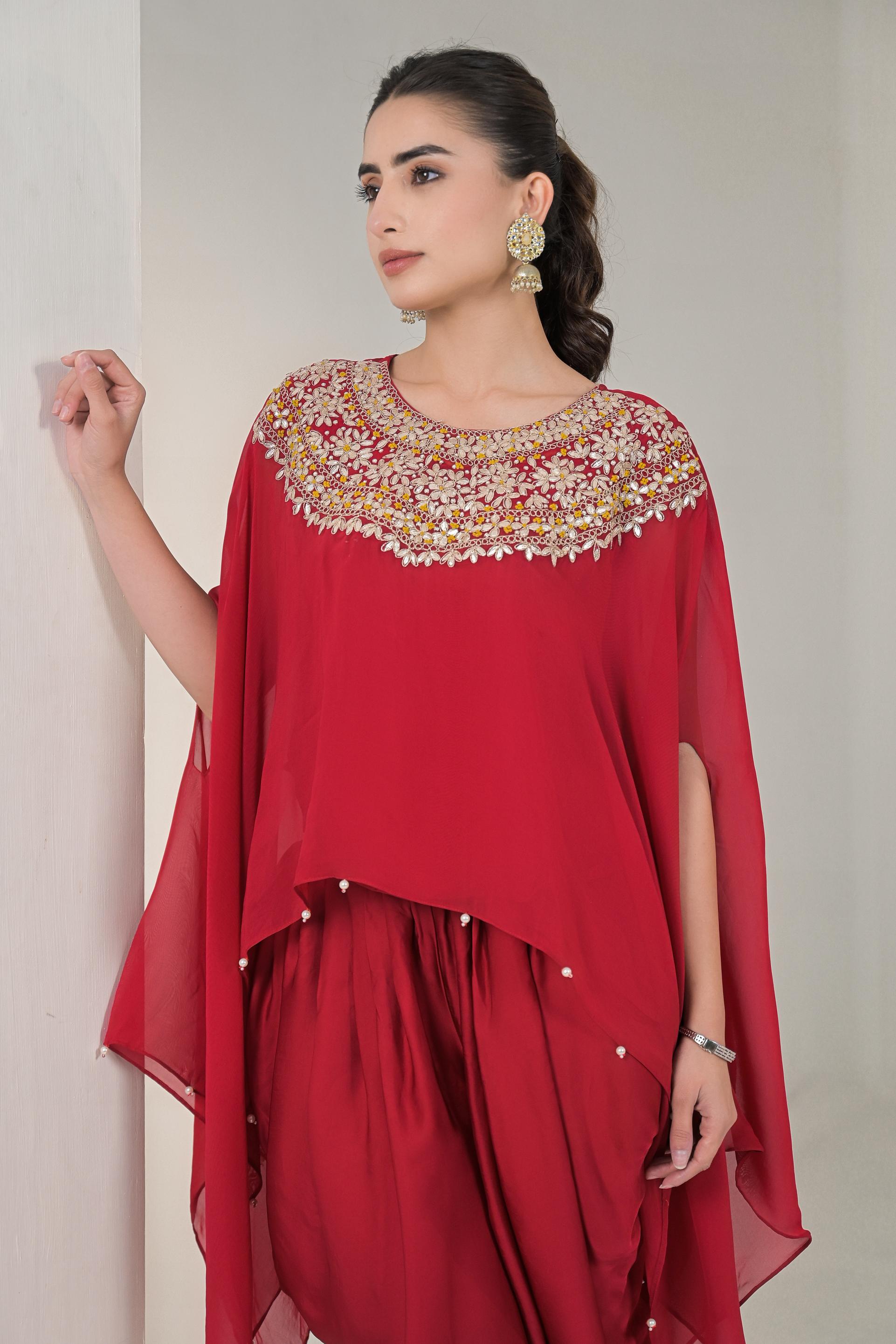 Deep Red Embroidered Organza Silk Kaftan Set