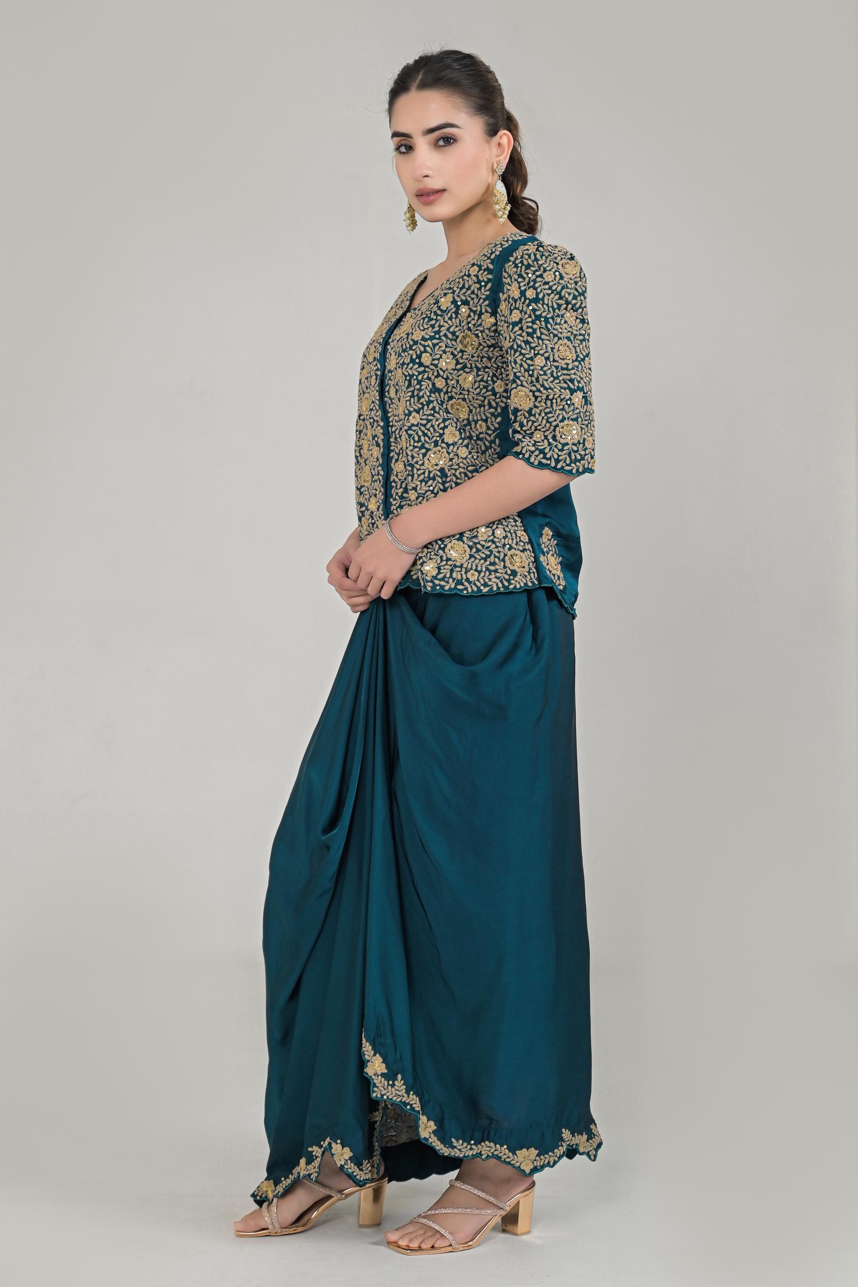 Dark Teal Embroidered Satin Silk Skirt Set