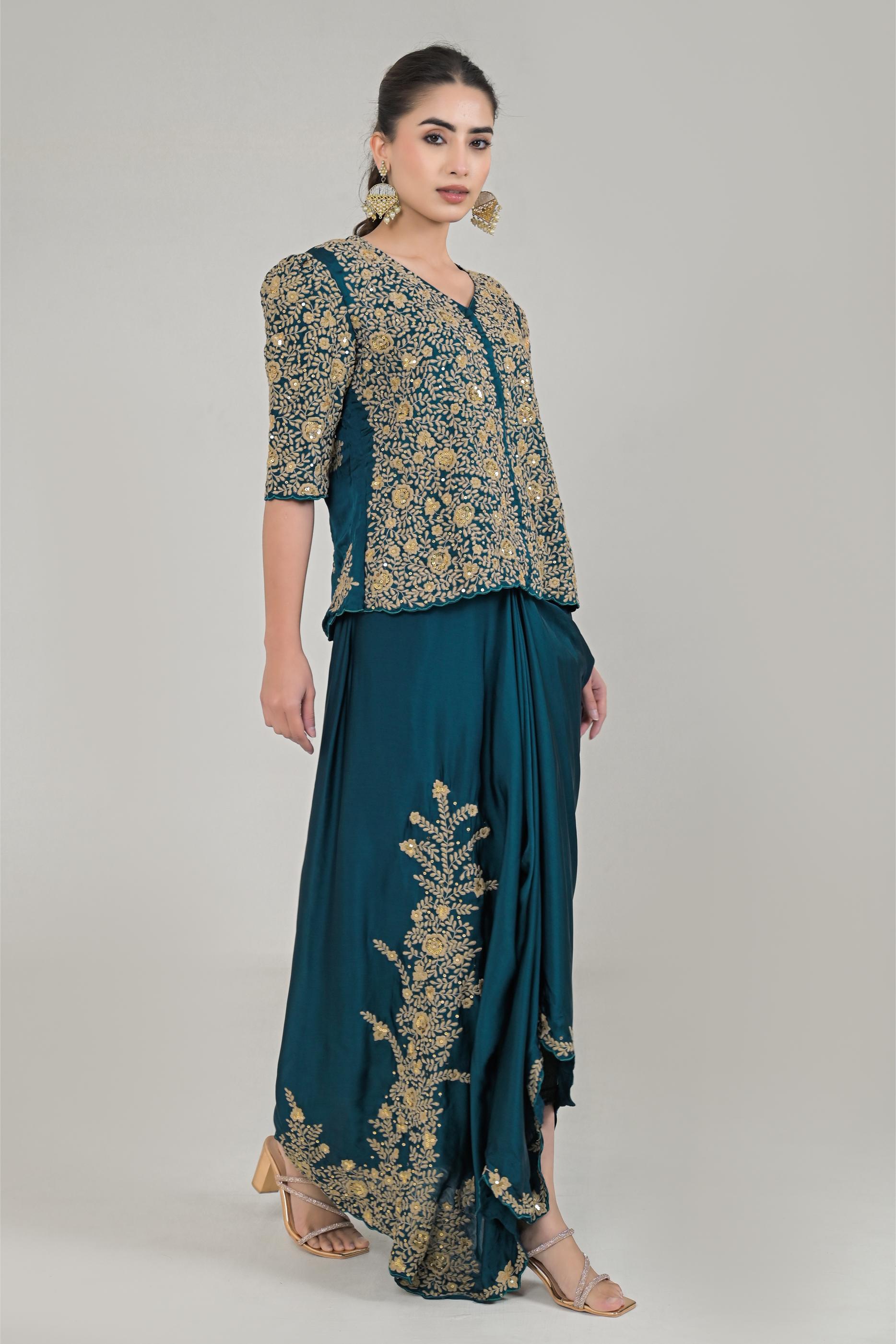 Dark Teal Embroidered Satin Silk Skirt Set