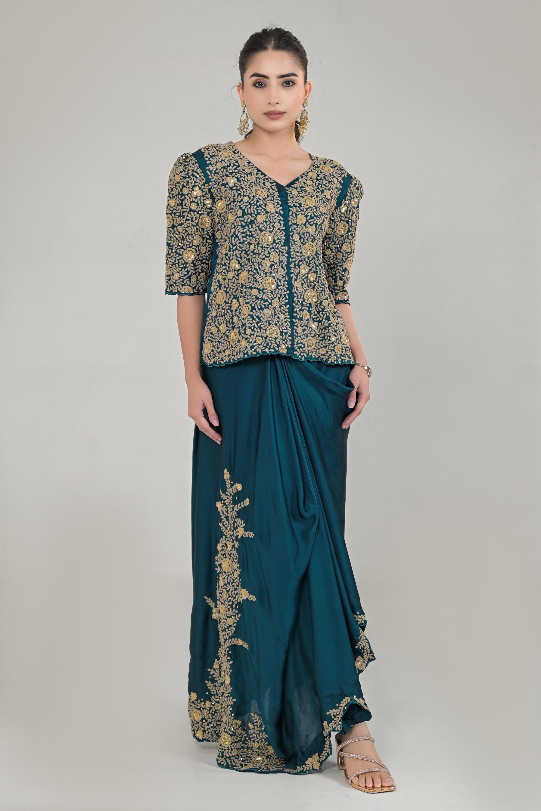 Dark Teal Embroidered Satin Silk Skirt Set