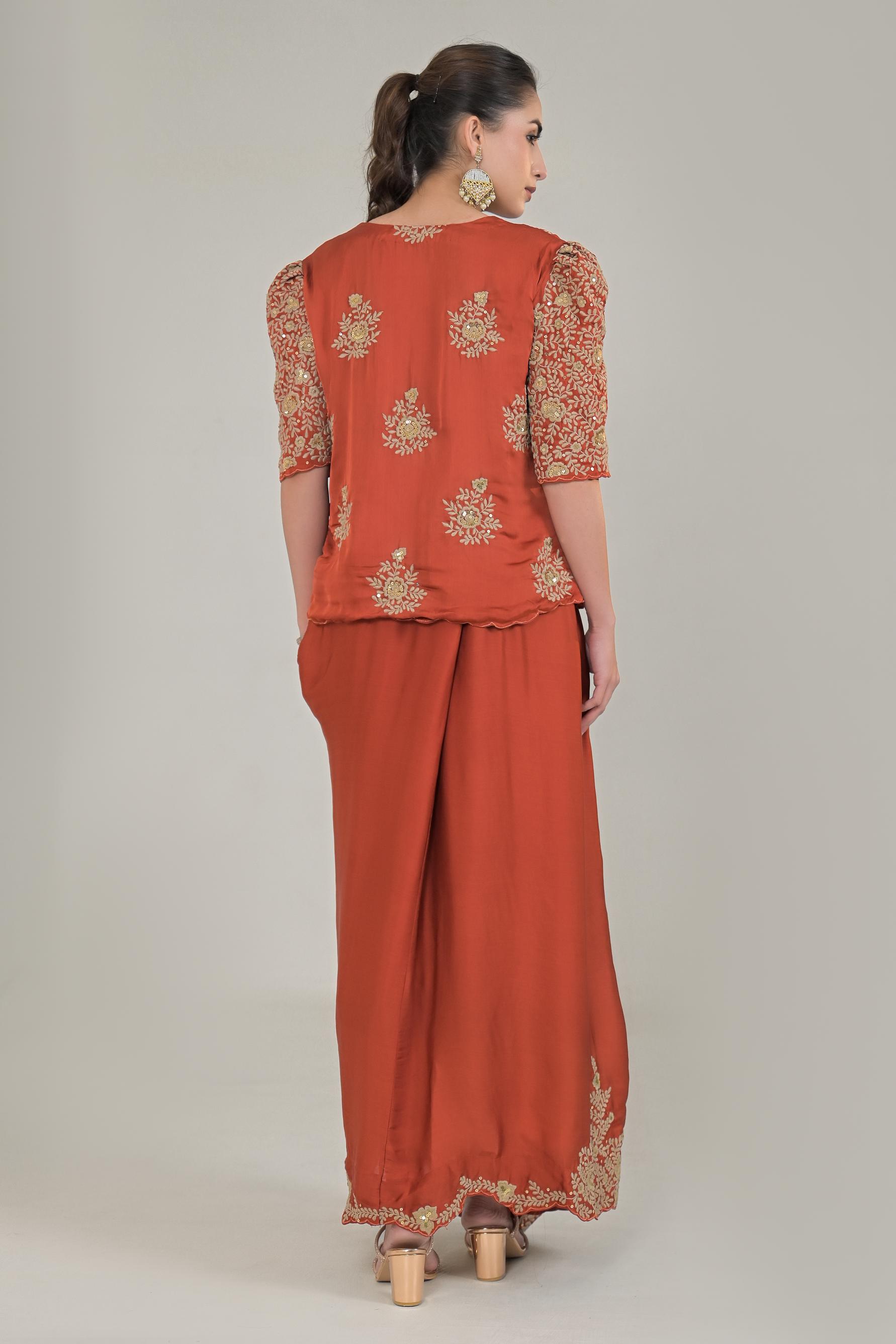 Rustic Orange Embroidered Satin Silk Skirt Set