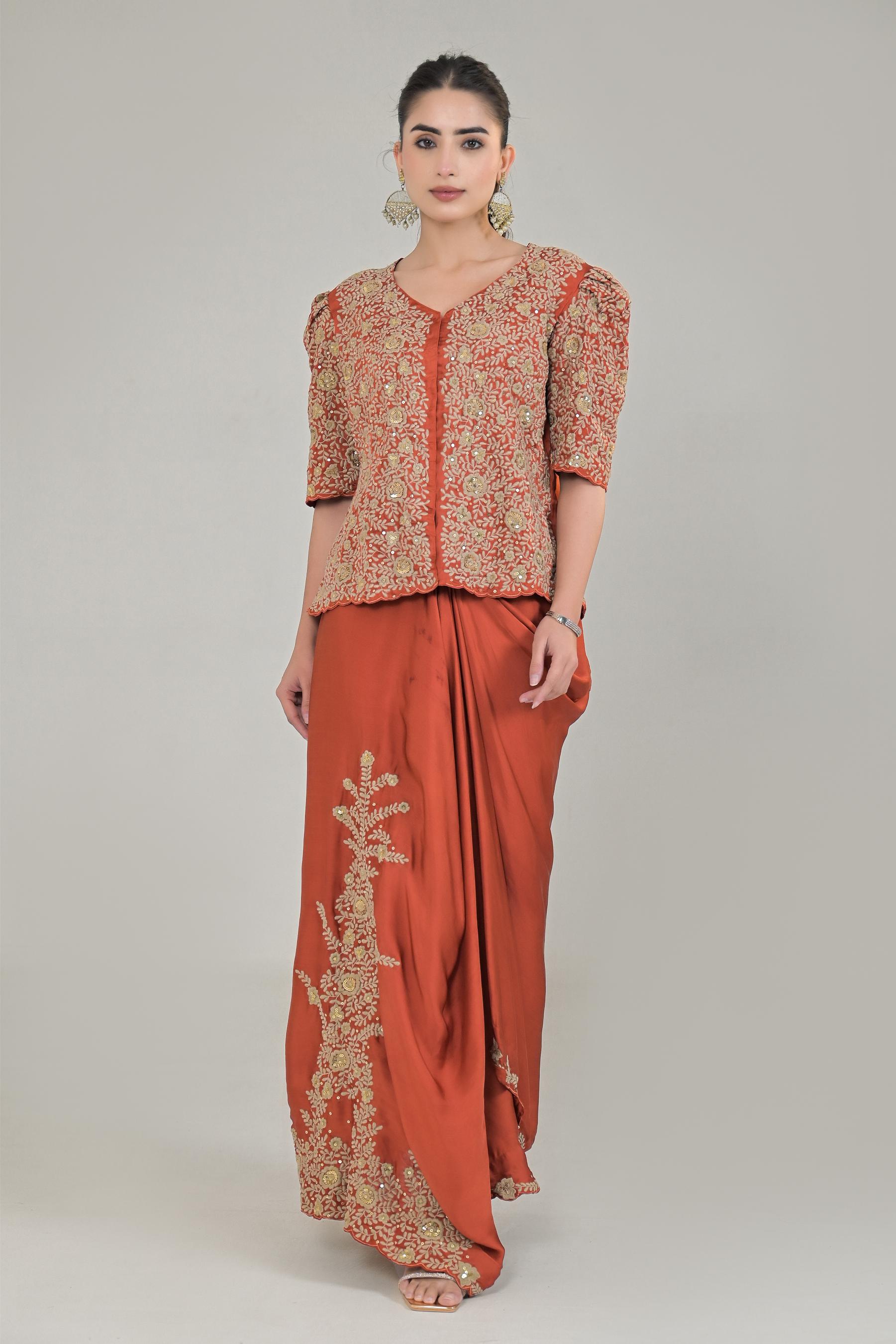 Rustic Orange Embroidered Satin Silk Skirt Set