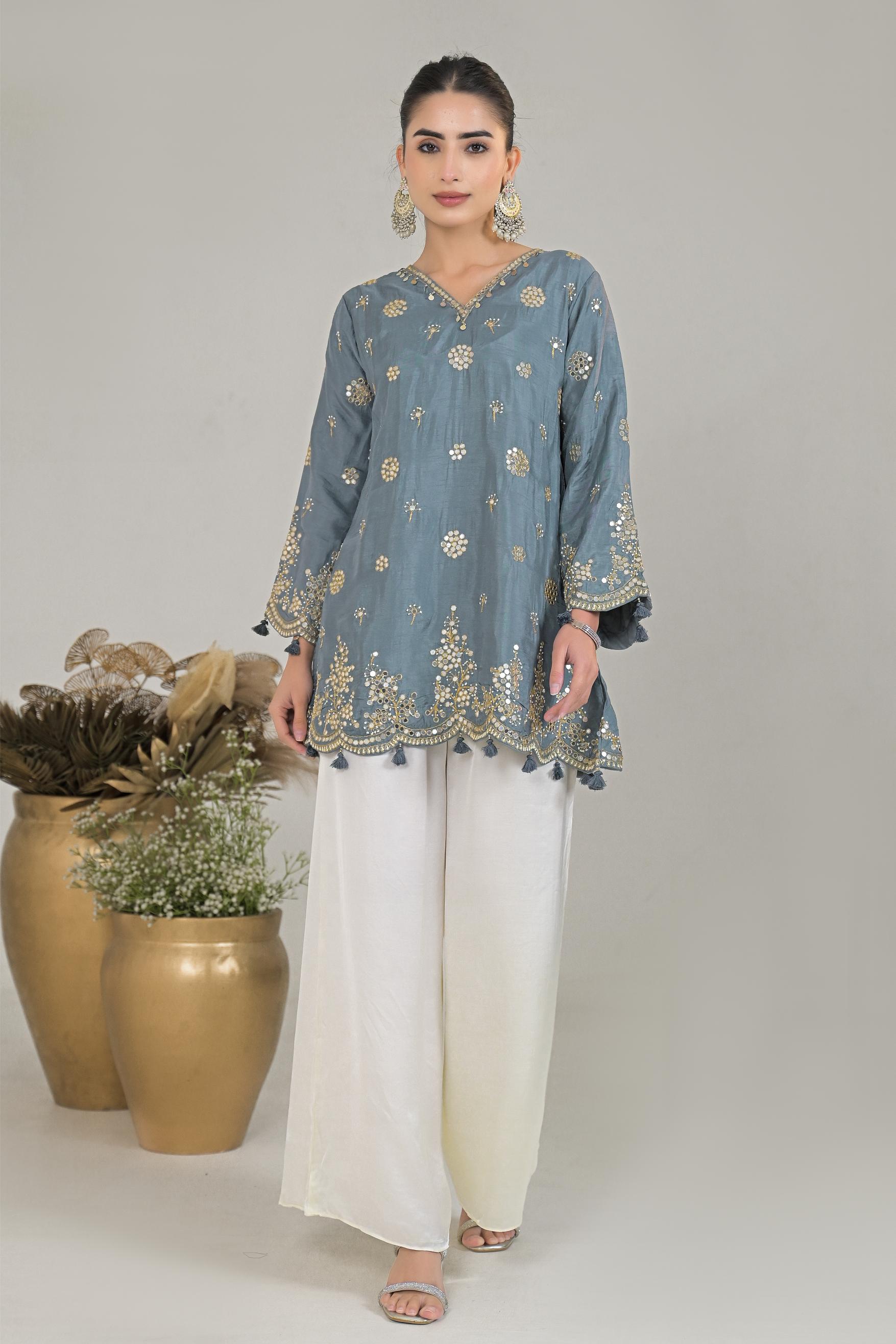 Slate Grey Embellished Raw Silk Palazzo Set