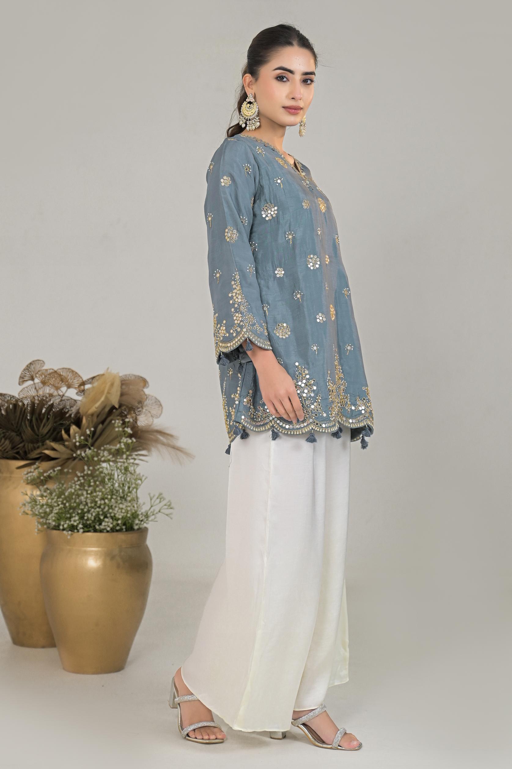 Slate Grey Embellished Raw Silk Palazzo Set