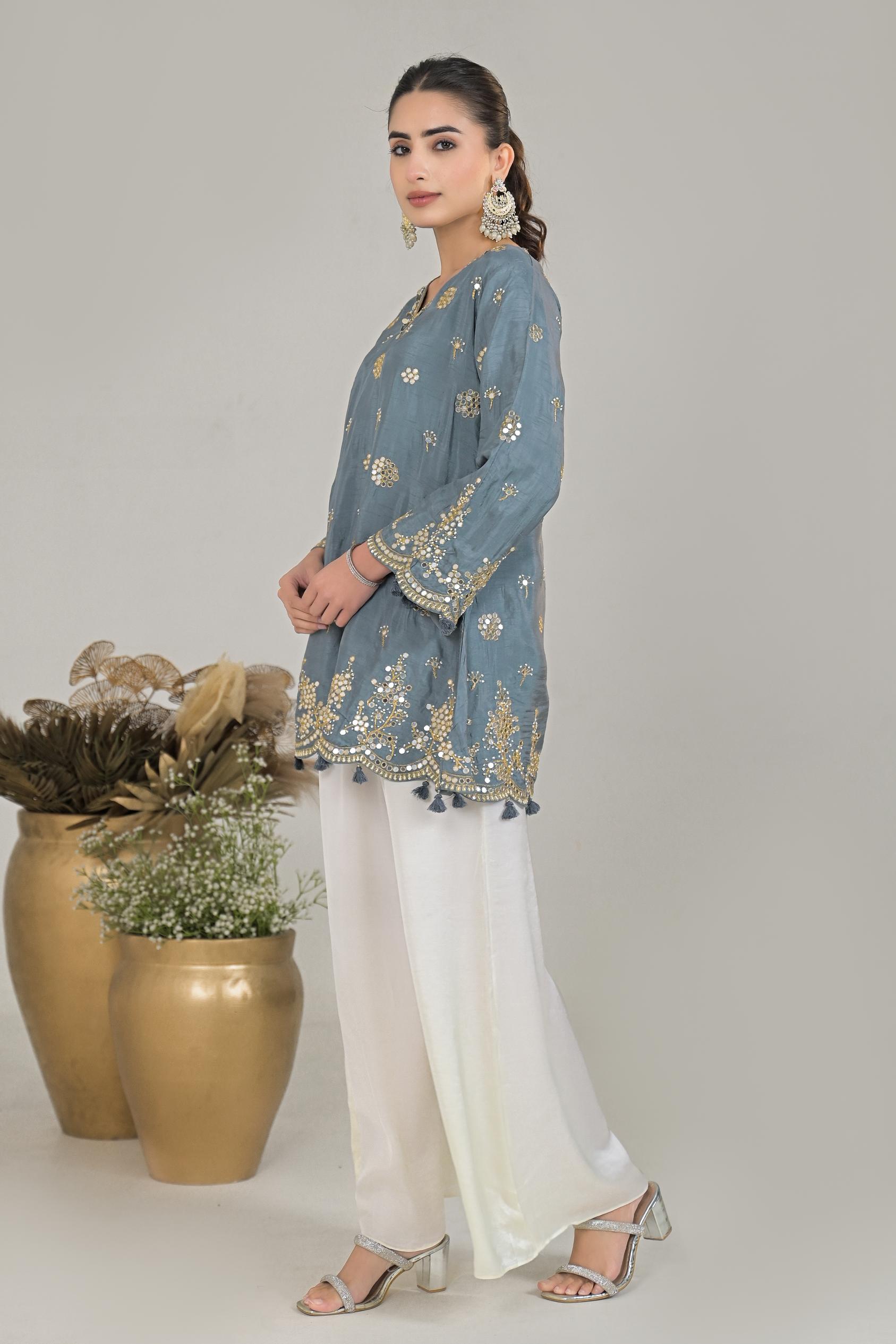 Slate Grey Embellished Raw Silk Palazzo Set