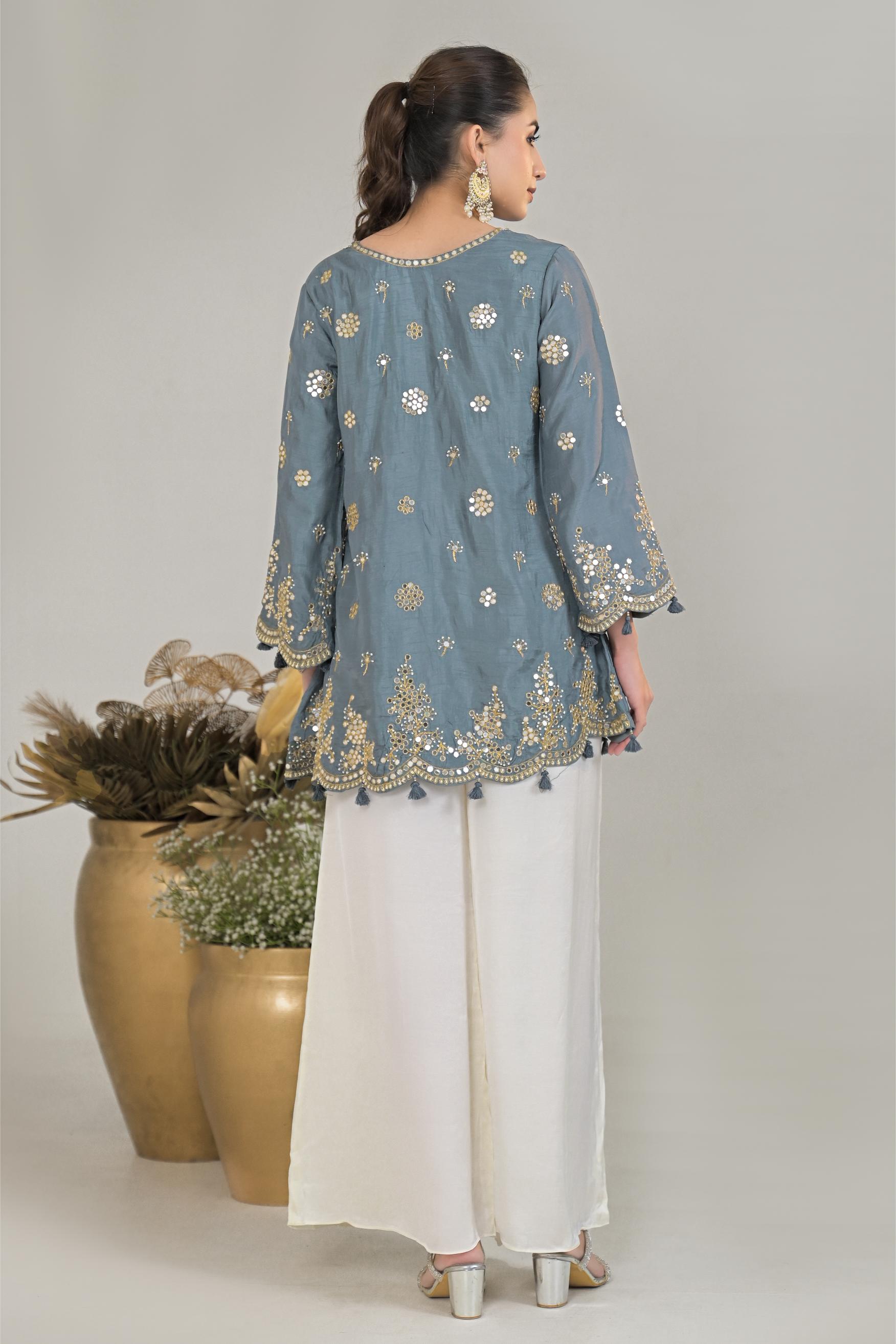 Slate Grey Embellished Raw Silk Palazzo Set