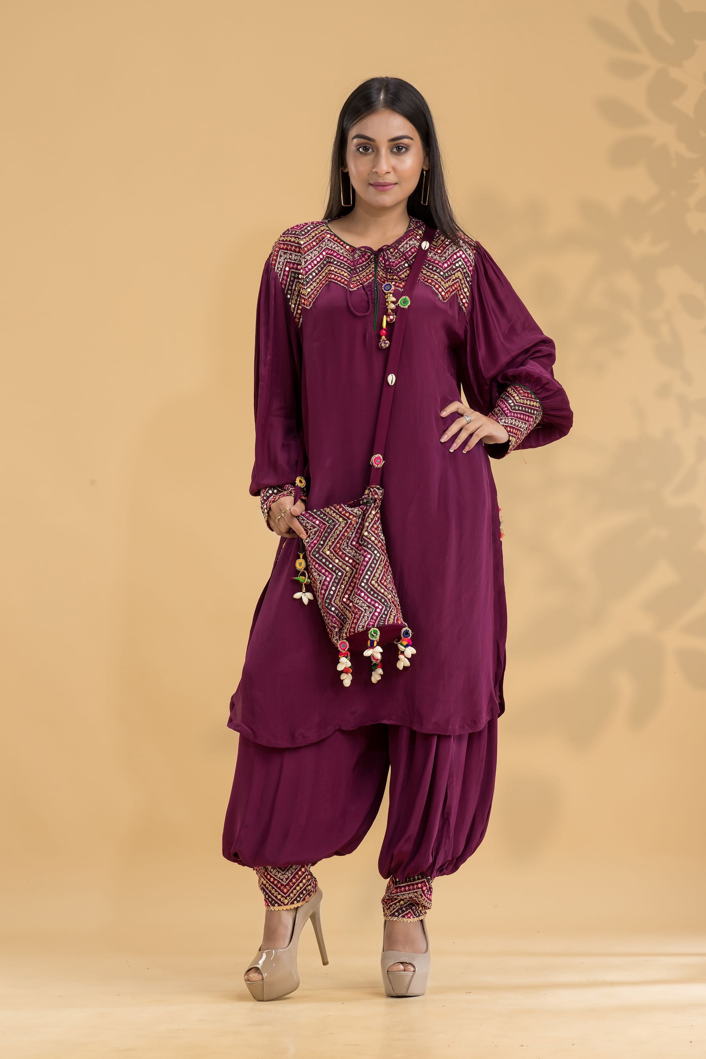 Wine Embroidered Muslin Silk Patiala Pants Set