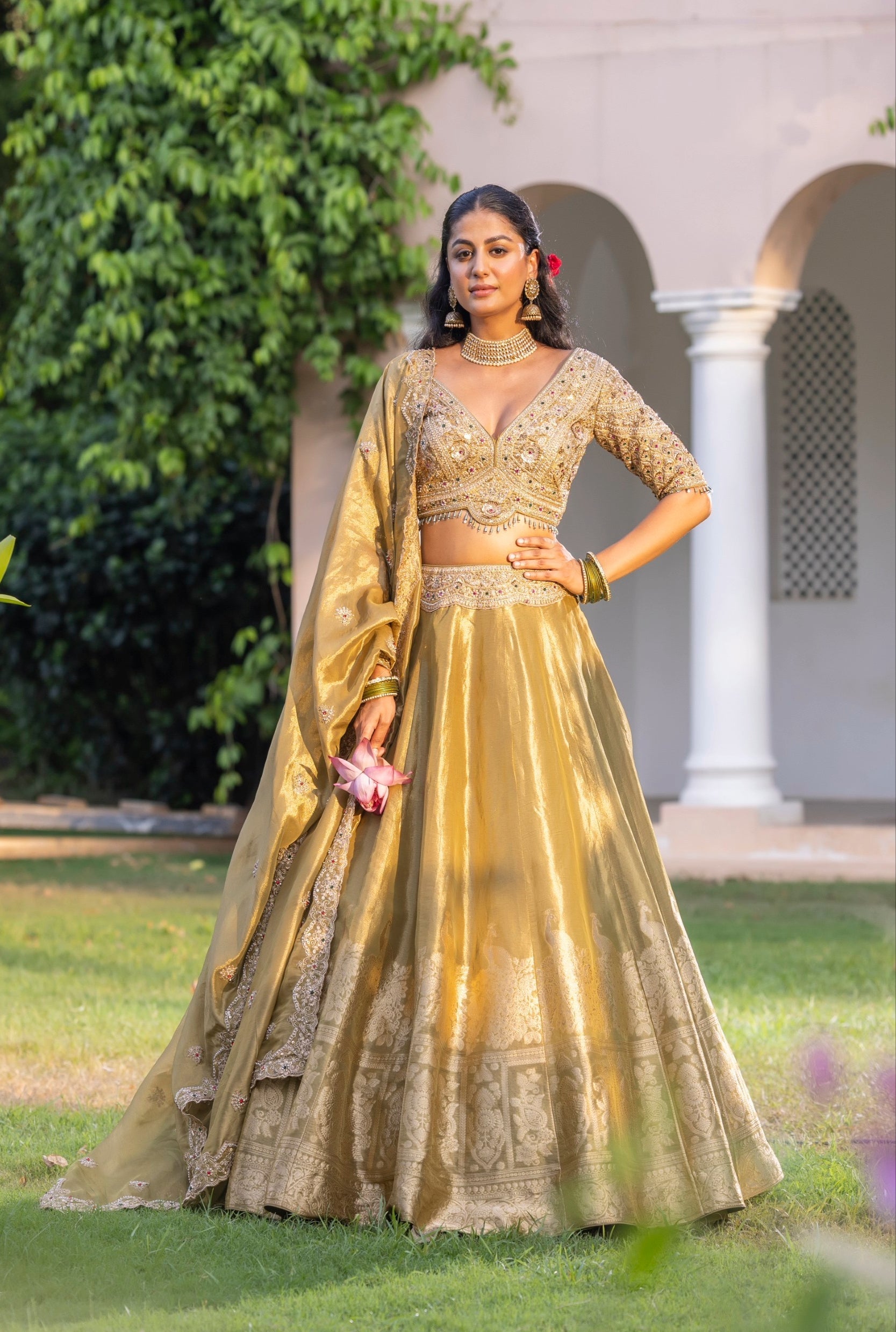 Antique Gold Embellished Banarasi Silk Lehenga Set