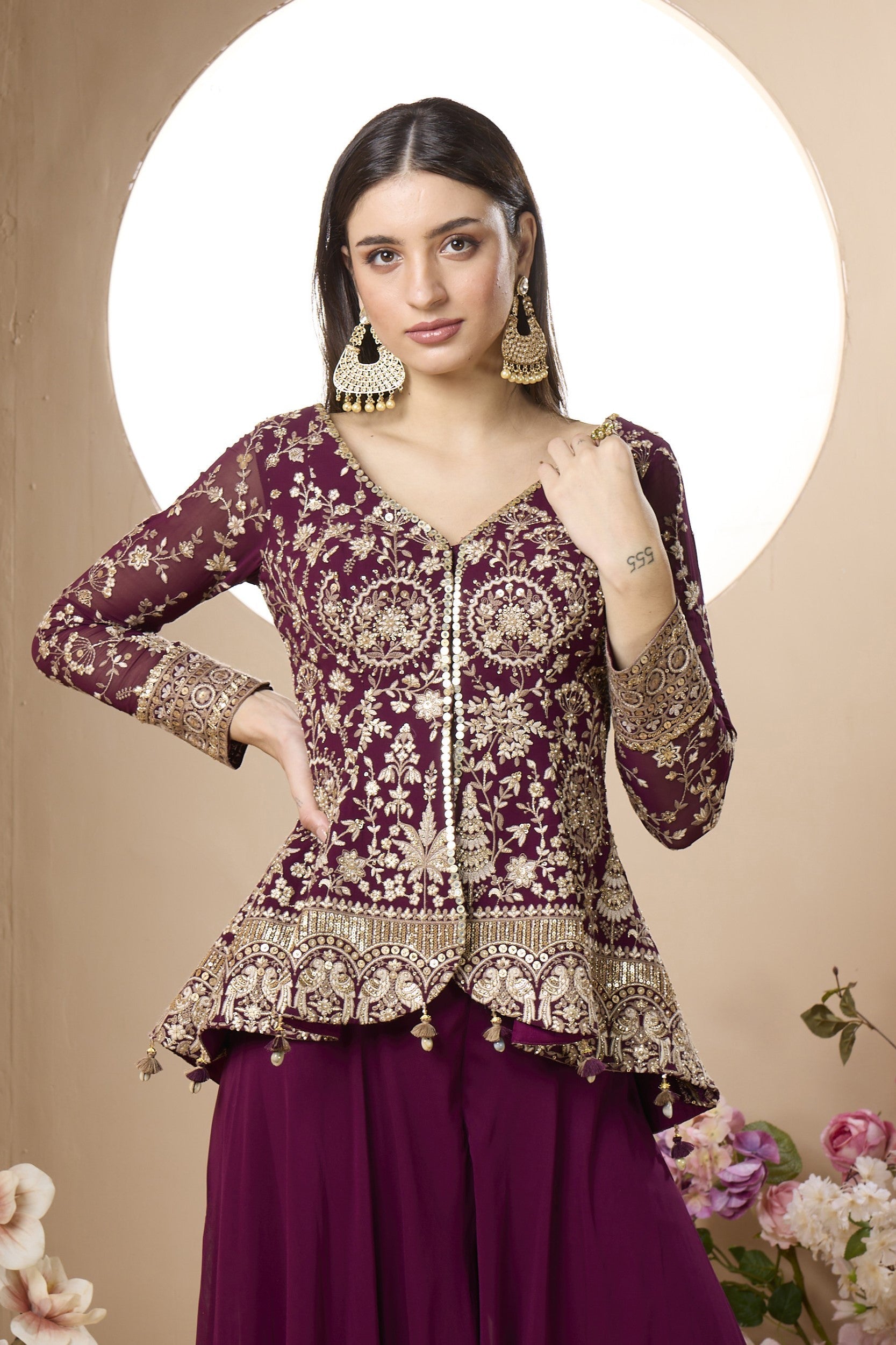 Alluring Wine Embellished Georgette Silk Palazzo Set