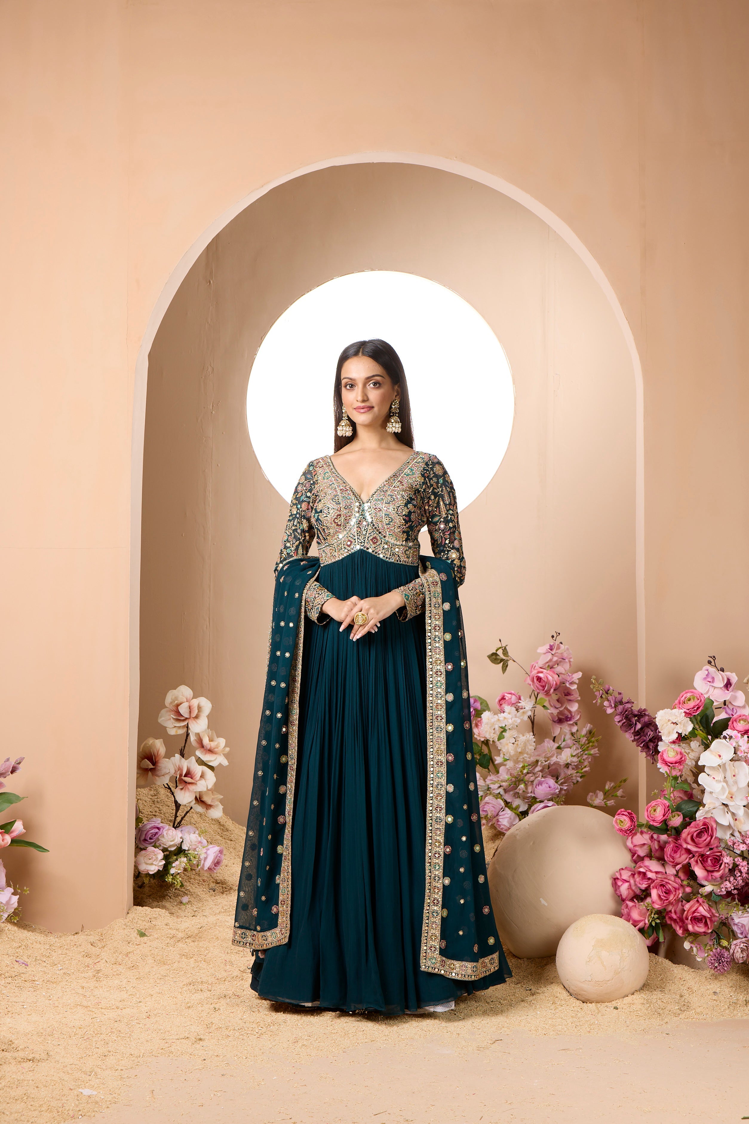 Ravishing Teal Embellished Georgette Silk Anarkali Set