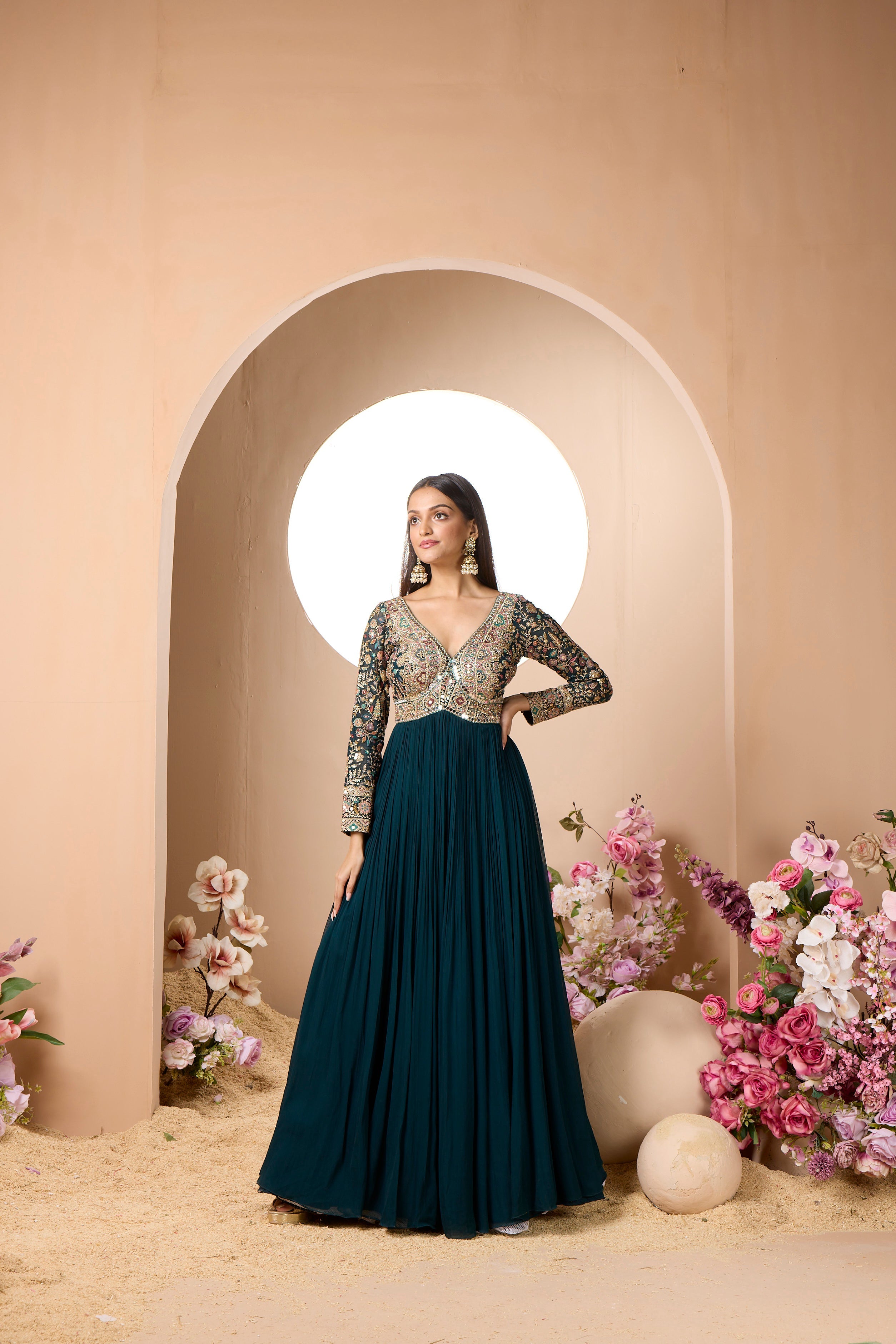 Ravishing Teal Embellished Georgette Silk Anarkali Set