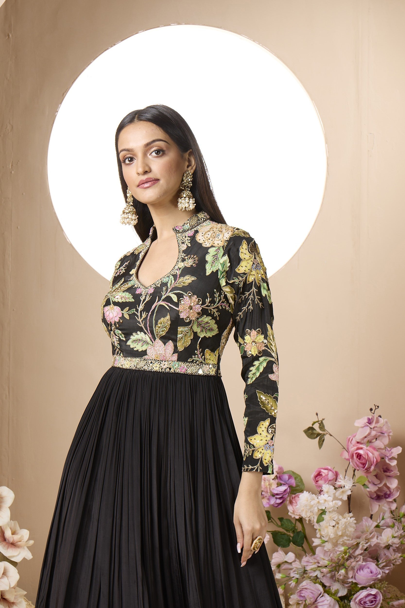 Ethereal Black Floral Embroidered Georgette Silk Anarkali Set