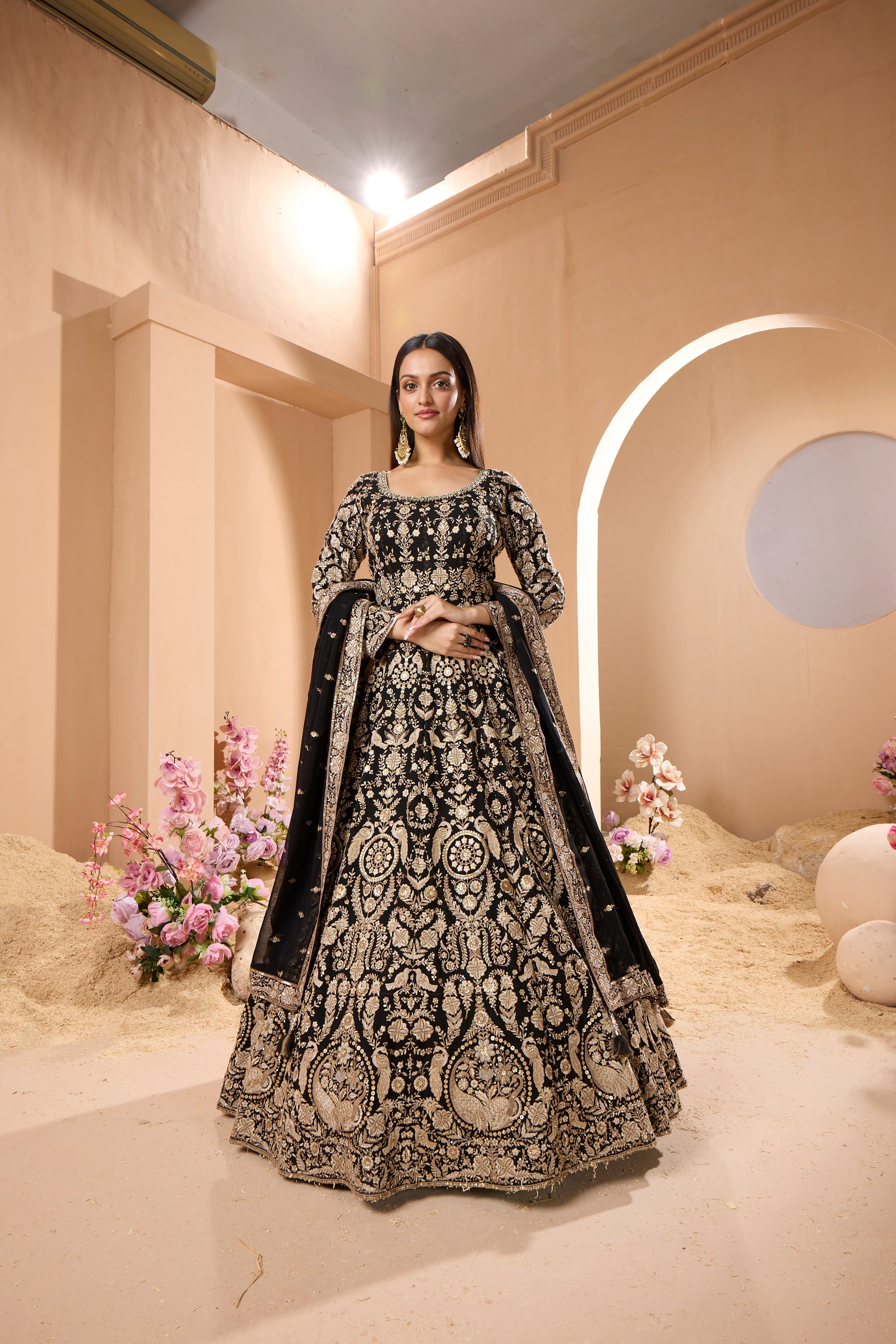 Golden Black Floral Embroidered Georgette Silk Anarkali Set